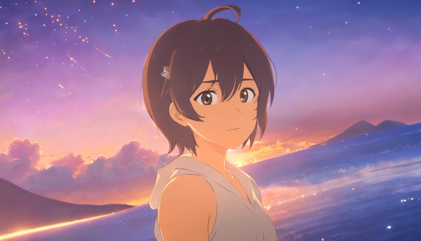 obra-prima, melhor qualidade, filme ainda, 1boy, garota lua, in sky, close-up, brilhante, metade lobo, Soft lighting and Warm, sun sunset, (Sparks: 0,7)