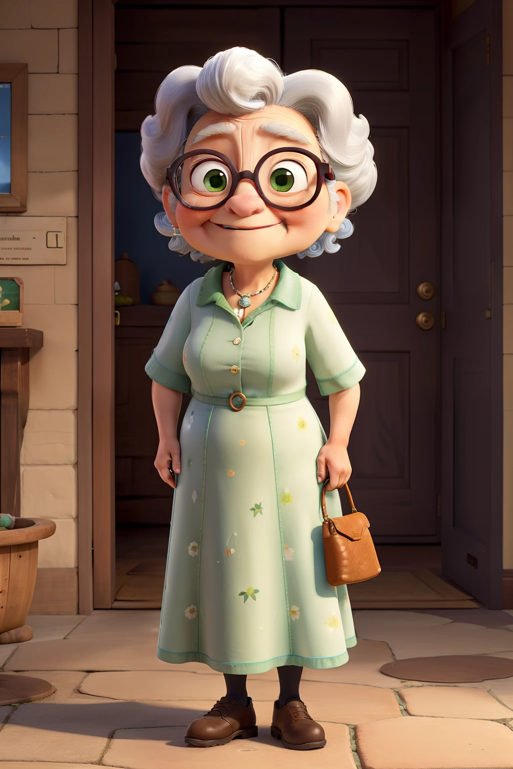 Criar uma imagem inspirada na Disney/Pixar Obra-prima, de melhor qualidade, An old woman with glasses, olhos verdes, cabelo curto castanho claro, vestindo um vestido branco e segurando no colo uma shih tzu marrom com caramelo de lacinho, They're both happy, Standing in the park