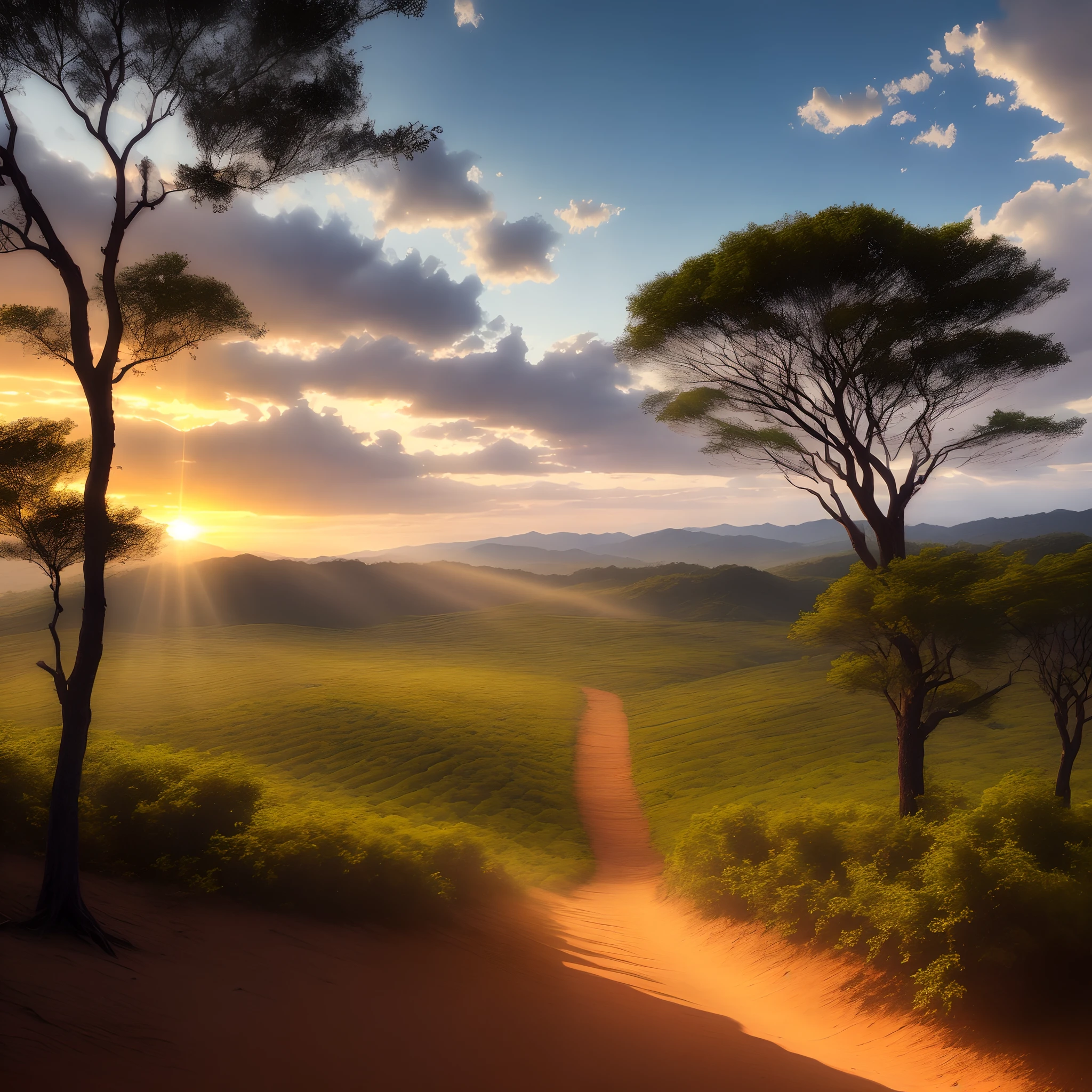 Fazenda, por do sol, scattered trees, luz solar, Sunbeams passing through the trees, fruits on trees, Specific, well-crafted details