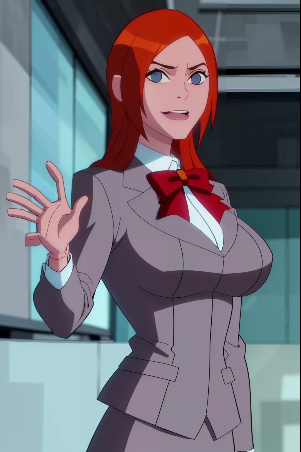 wyatt,inoueorihime, inoue orihime, long hair, orange hair, (grey eyes:1.5),
BREAK skirt, bow, school uniform, jacket, blazer, grey jacket,
BREAK looking at viewer, upper body, huge breasts, one hand waving to viewer, smile
BREAK indoors, classroom,
BREAK (masterpiece:1.2), best quality, high resolution, unity 8k wallpaper, (illustration:0.8), (beautiful detailed eyes:1.6), extremely detailed face, perfect lighting, extremely detailed CG, (perfect hands, perfect anatomy),