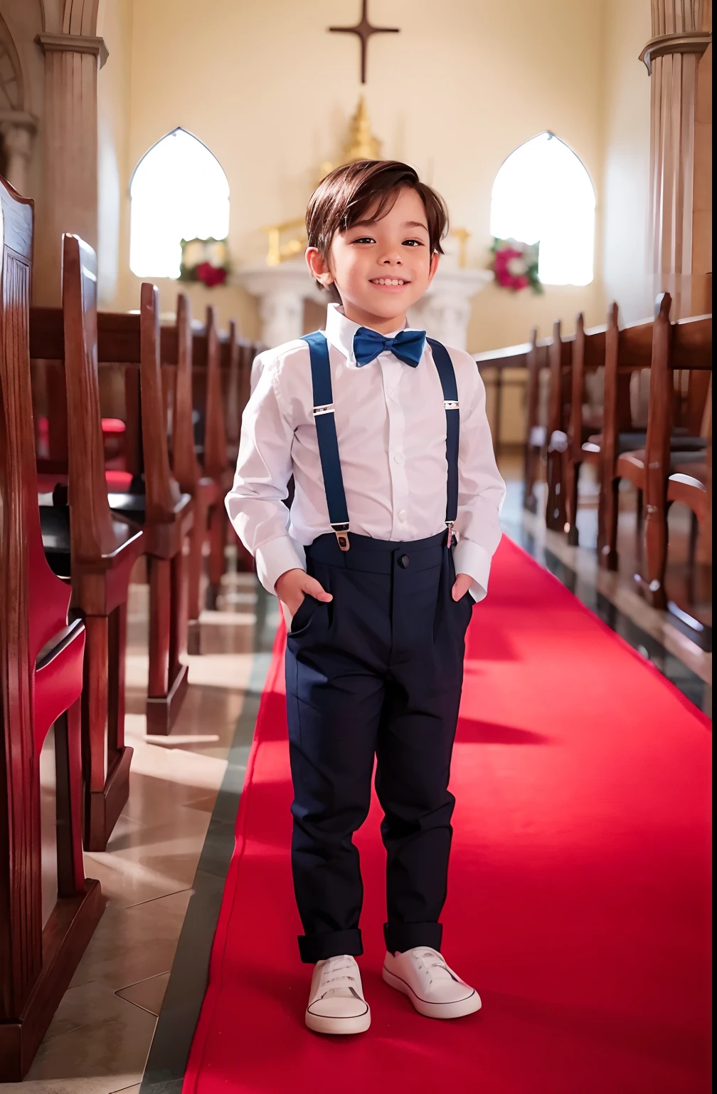 Boy in white shirt and blue suspenders is in a church, bem - vestido, bem vestido, detalhes maravilhosos, standing in a church, bonito e elegante, Christian, suspenders, bonito, um bonito, childrens, veja os detalhes, Detalhe perfeito, ele parece muito sofisticado, traje formal, olhos claros, cabelo castanho claro