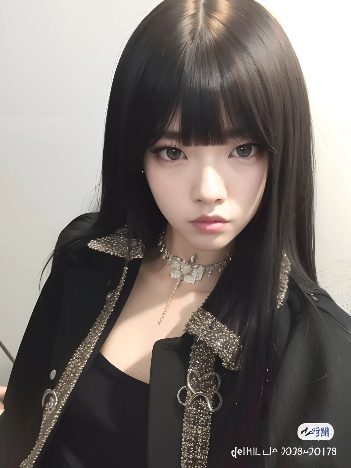 um close up de uma mulher com uma jaqueta preta e um colar, cruel korean goth girl, Retrato de Jossi de Blackpink, Ela tem cabelo preto com franja, jossi do blackpink, Ulzzang, Lalisa Manoban do Blackpink, iu lee ji-eun as a super villain, cabelo preto longo com franja, Lalisa Manobal, Jisoo do Blackpink