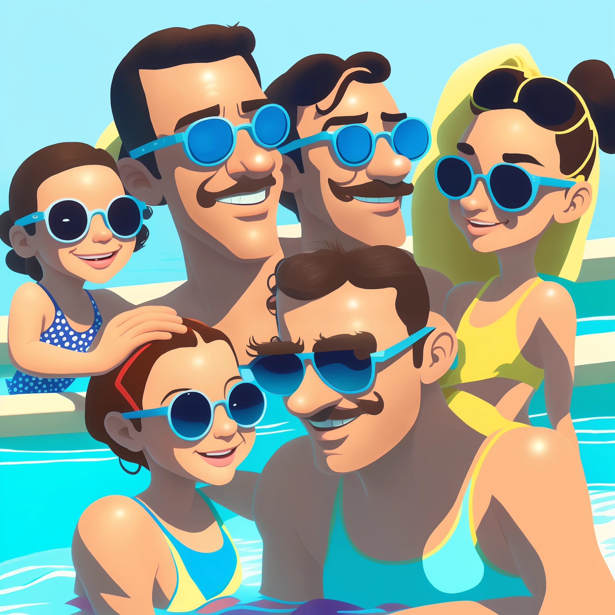 A closeup of a shirtless father with dark glasses together with his daughter about 5 years old also wearing sunglasses in a swimming pool, On a sunny day animation style rendering, in style of disney animation, um retrato do personagem, inspired by John Luke, style of disney animation, animado