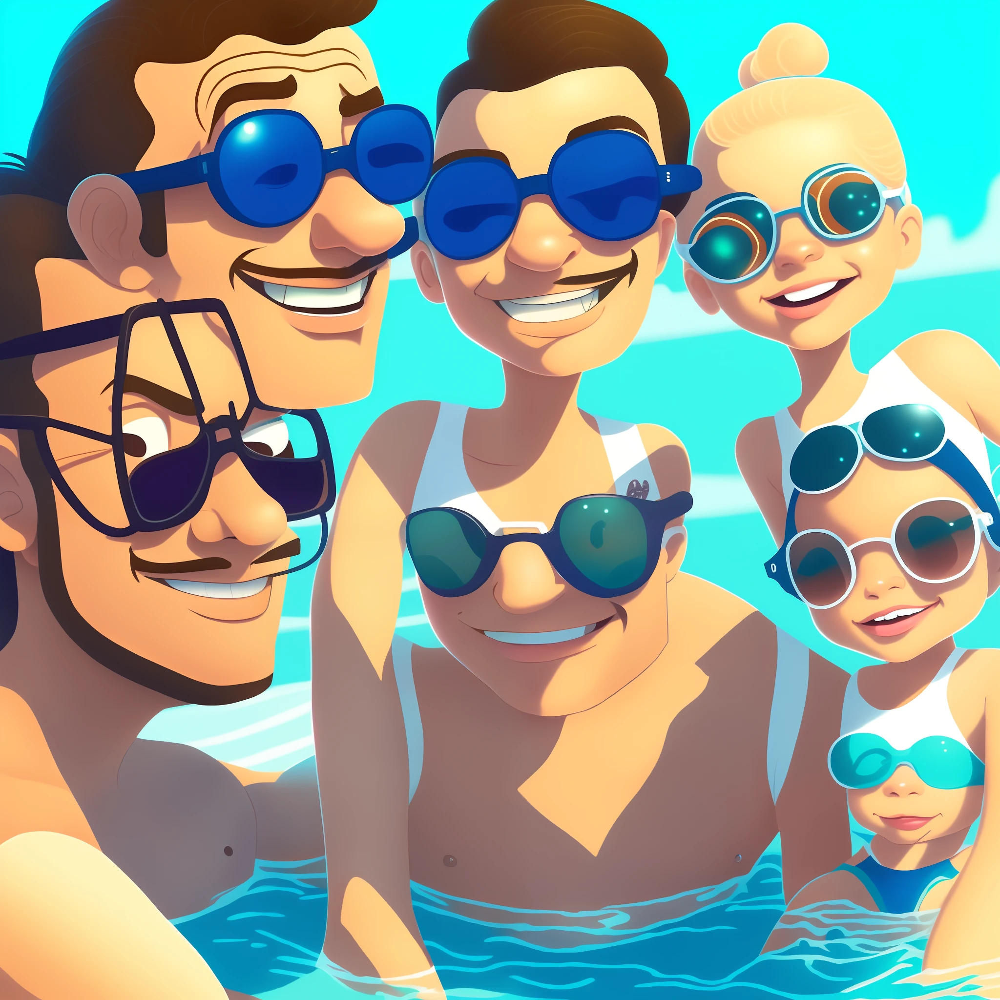 A closeup of a shirtless father with dark glasses together with his daughter about 5 years old also wearing sunglasses in a swimming pool, On a sunny day animation style rendering, in style of disney animation, um retrato do personagem, inspired by John Luke, style of disney animation, animado