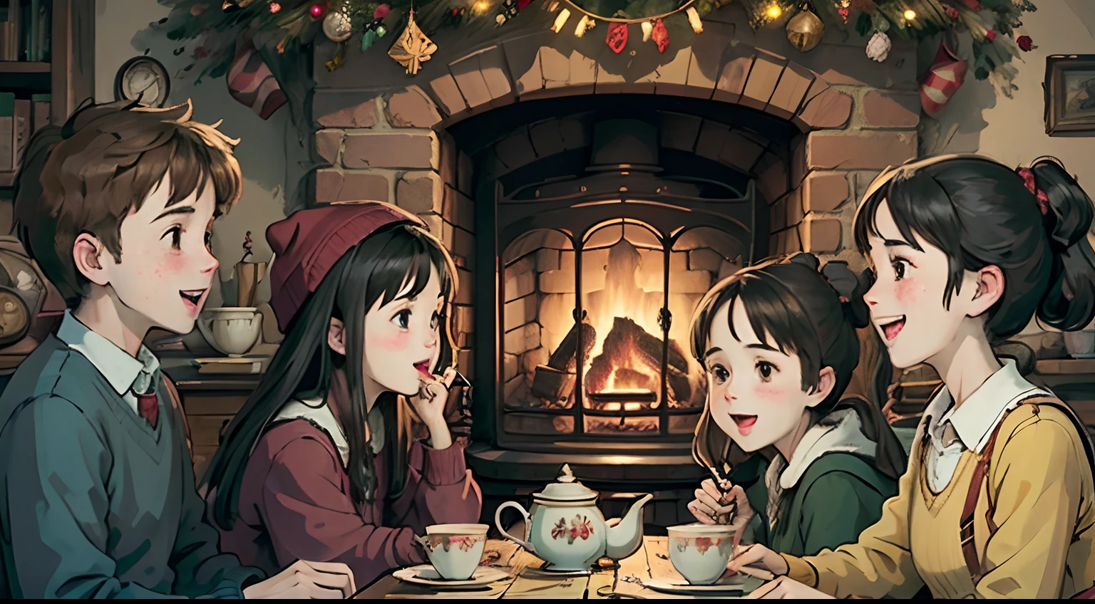 A group of cheerful friends(6-8 teenagers of different genders) in a cosy living room with a fireplace, 
Hogwarts, Festive Tea Party, A lot of small details of the environment, higly detailed,