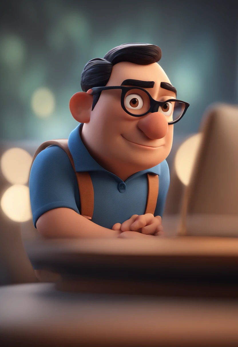Cartoon character of a man with black glasses and a blue shirt, animation character, Caractere estilizado, animation style rendering, 3D estilizado, Arnold Maya render, 3 d render stylized, toon render keyshot, Personagem 3D, Personagem 3D, 3d rendering stylized, 3 d character render, personagem de desenho animado, Personagem de close up, Pose de personagem, (Estilo Pixar) (master part:1.2) (Bokeh) (best quality) (pele detalhada) (textura detalhada) (8k) (argila) (Cinematic lighting) (foco nítido