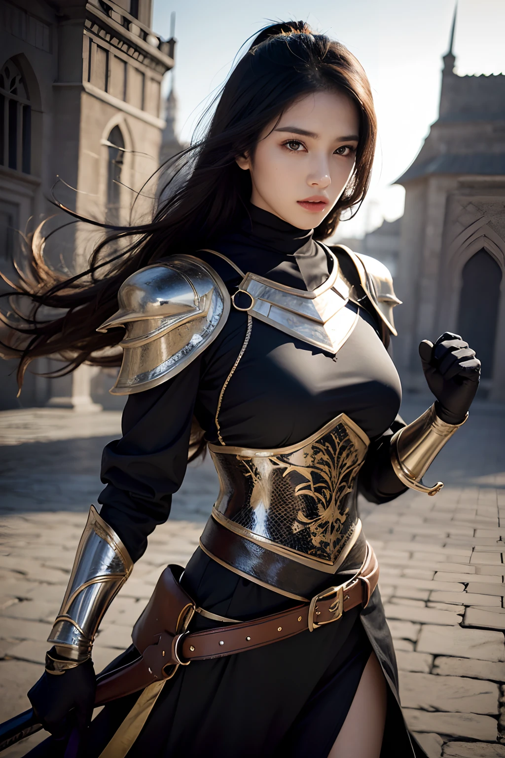 model shoot, (1 girl), Islamic warrior, hyper realistic, super detailed, Dynamic shot, masterpiece, scene sharp détails, perfect eyes, perfect skin, perfect hands, medium black hair