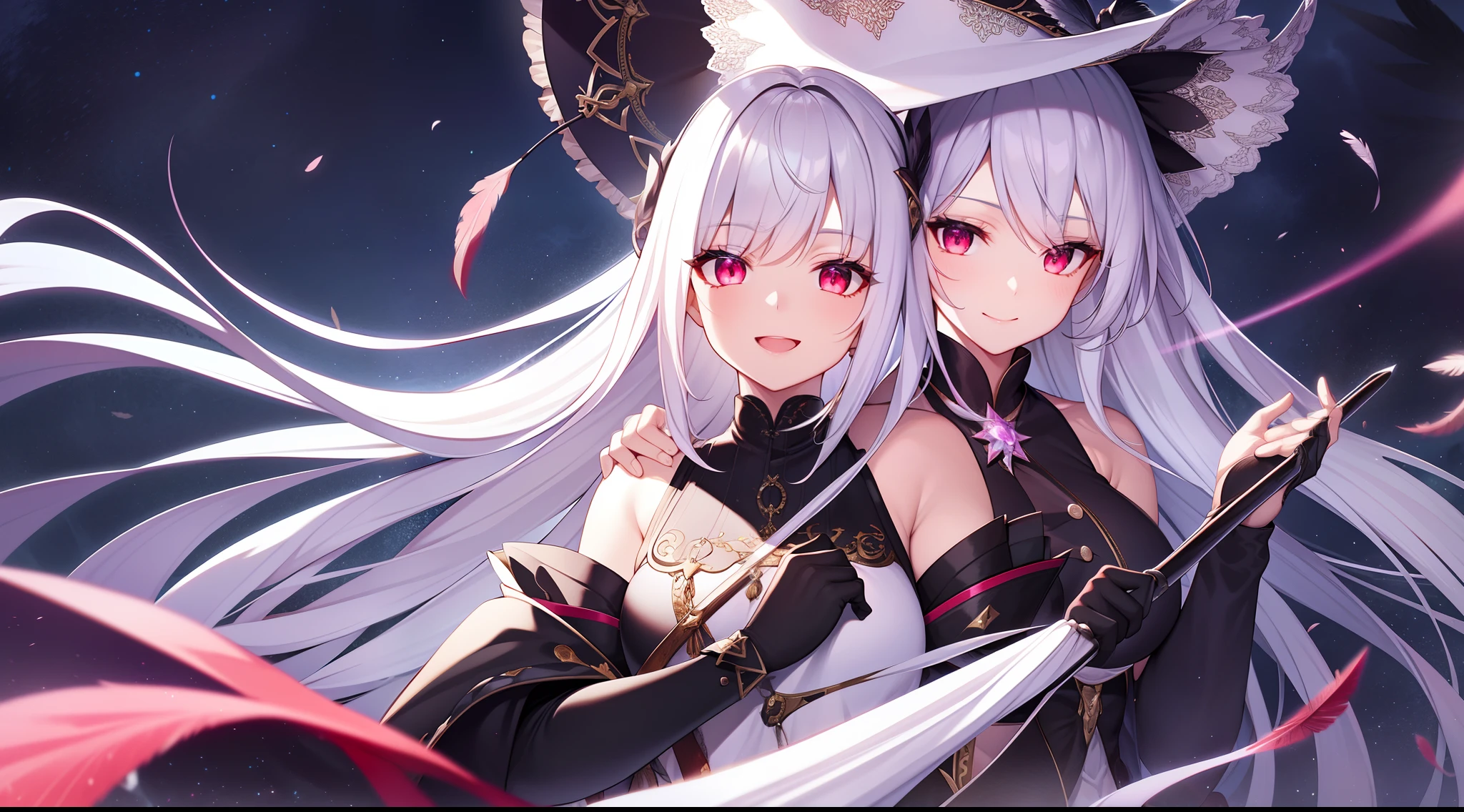absurdres, superfine illustration,rainboweffect, highres, ultra detailed,light diffusion,highly detailed light reflection, kaleidoscope, harmonious, best shadow, highly detailed very beautiful big smile face, ;D, beautiful growing crystal diamond star pupil,look at viewer, beautiful detailed hair, solo, dynamic pose, beautiful detailed pink and black ribon, beautiful detailed, Fantastic and the whole shines and shooting star and the wind is strong in detail background，Blood red eyes，White blouse，Long white hair，Looking at the audience，Particles of light，Smile with closed mouth，Stars，Beach hat，Sleeveless，Bare shoulders，With bangs，From the side，(She wears a black hooded trench coat，There are fine feathers on it)，Tilted head, nipple tassels, flower knots, gloves, beautiful detailed eyes, detailed background, black socks, rural home background, carrying a vampire scythe sword, fingers wearing gloves, night background, with eyes closed.