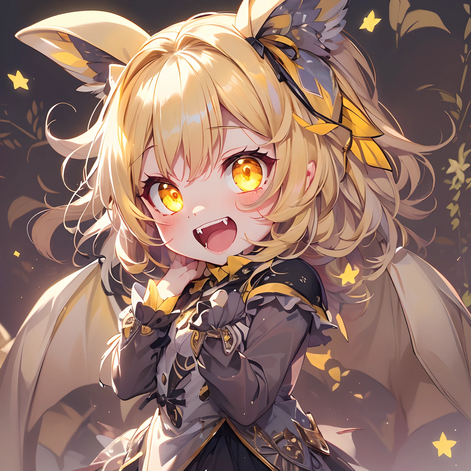 (((Masterpiece))), (((Best Quality: 1.4))), ((Super Detail: 1.4)) , adorable, innocent, yellow glowing eyes, highly detailed clothes, fangs, smiling, random hair style, random pose, blush