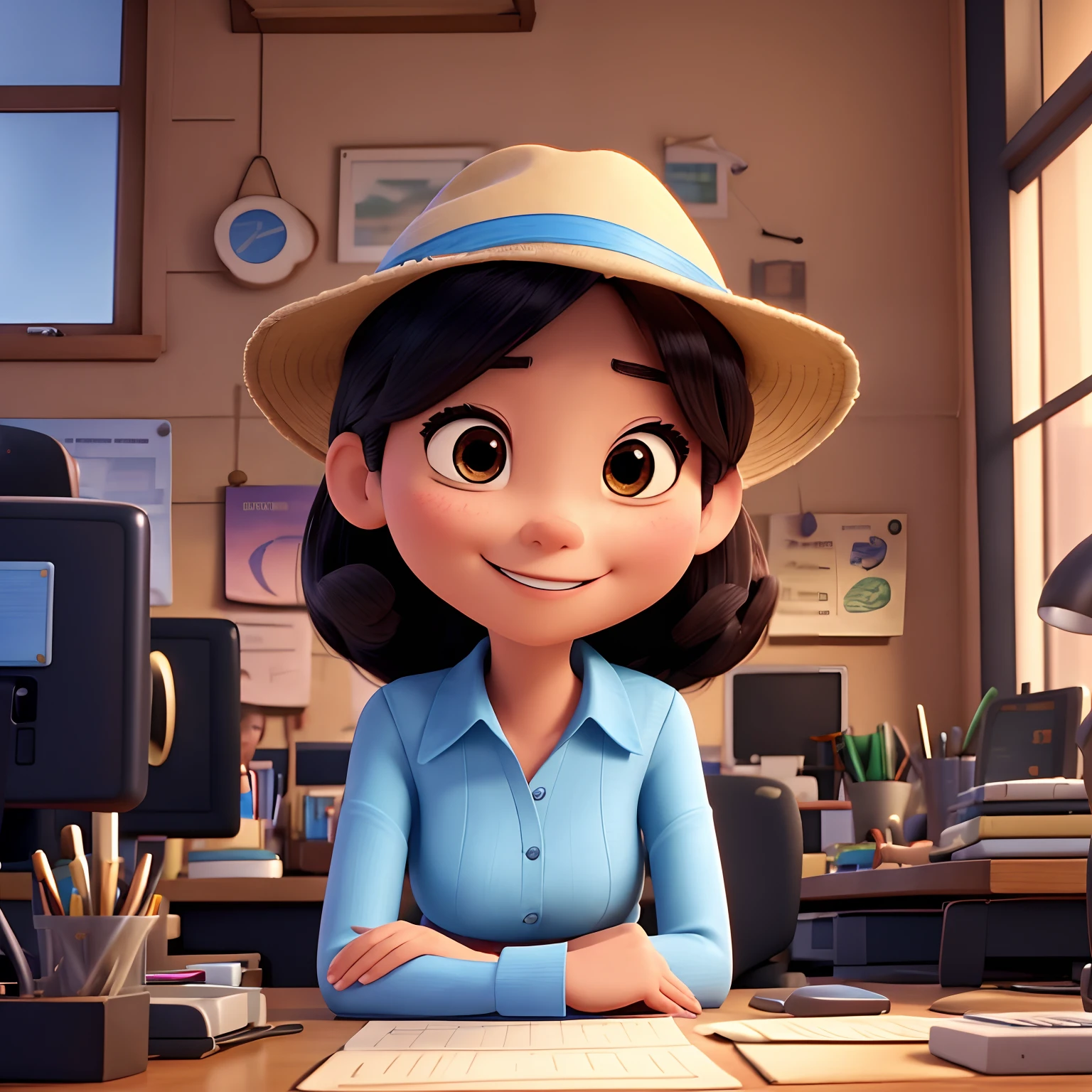 Disney-Pixar inspired movie post. The scene should be in digital art style of pixar , with focus on character expressions, an office as a background with details textures that comes from animation from pixar. the main character is a female. she is asian, skinny and pretty , wearing a fancy hat , she is smiling and she is working on a project (she is using a smartphone, and there is computer next her).