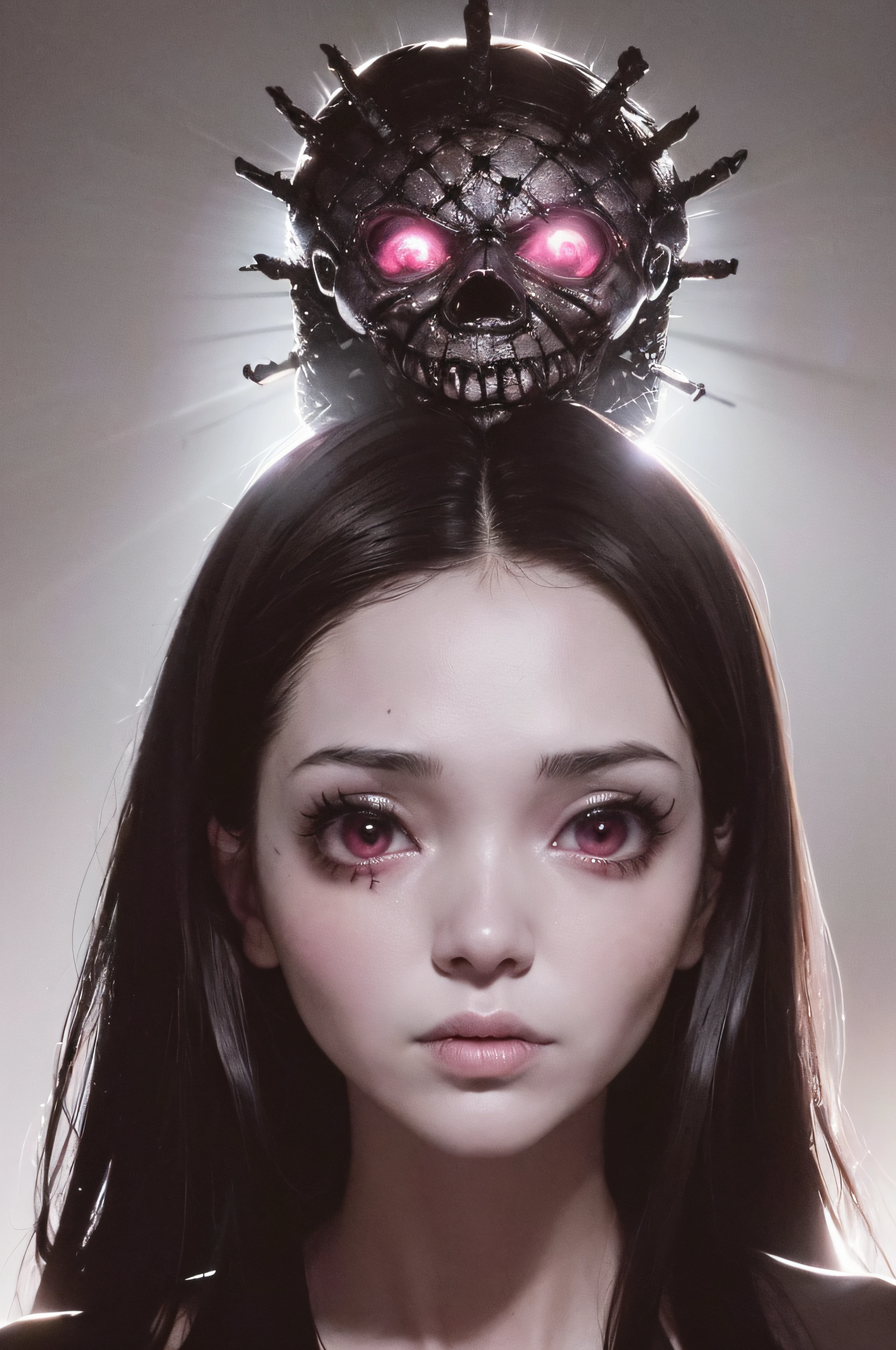 "(The best lighting, oscuro, dramatic),(feto calavera alien, Hellraiser, Cicatrices, sexy, cerebro, sangre, alas blancas sucias, una rata dentro de la cabeza, terror.),(ojos rojos, calaveras). morning light.