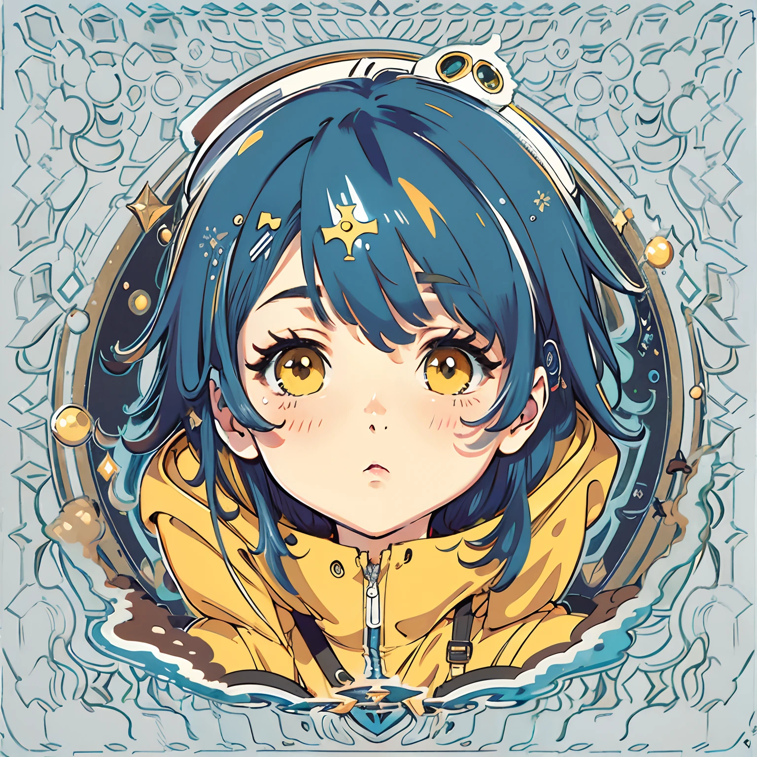 Sticker, Cute anime girl head, Short Dark-Blue hair,Light brown eyes，dream , yellow raincoat，It is front by the moon，in circle, White background，Simple, Coraline Fan Art, Fan Art, Coraline, Ultra detailed, Detailed drawing, vectorised, Silhouette, 8K, professional sticker design, Flat design, Vector lines, Sticker, Drawing, Drawing, Full-HD