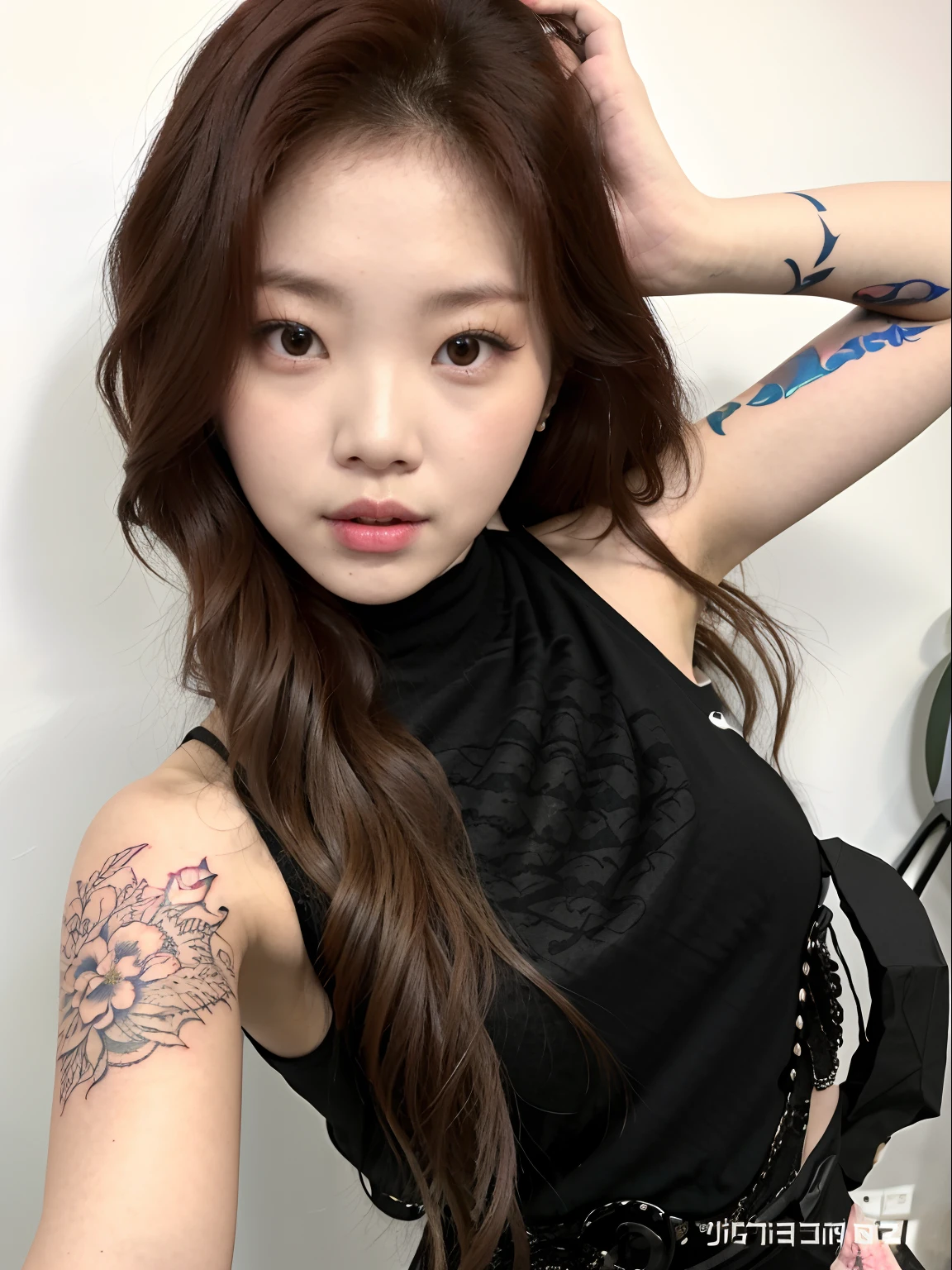 a close up of a woman with a tattoo on her arm, Ulzzang, menina coreana, cruel korean goth girl, Mulher sul-coreana bonita, de menina taiwanesa com tatuagens, Jinyoung Canela, linda mulher coreana jovem, Parque Roseanne do Blackpink, Heonhwa Choe, jennie blackpink, wan adorable korean face, jossi do blackpink, mulher coreana jovem bonita