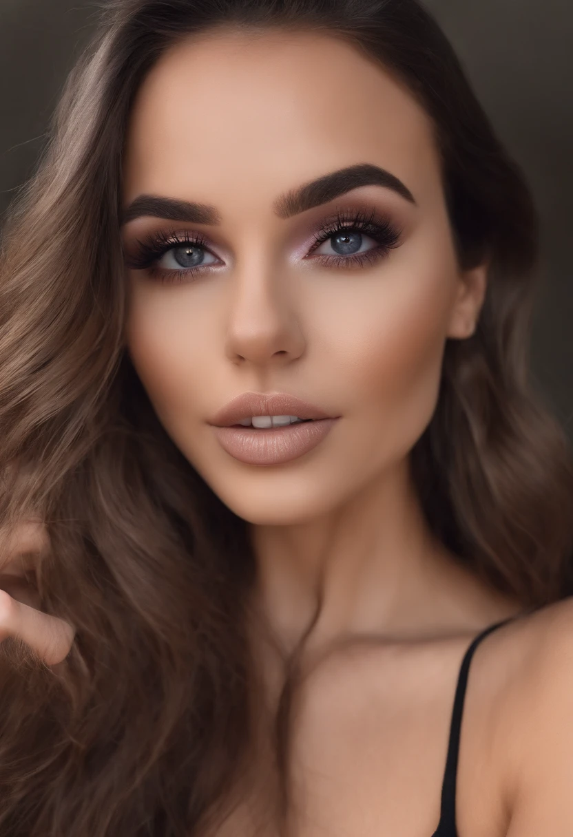 arafed frau voll , Sexy girl with brown eyes, ultra realistisch, Akribisch detailliert, portrait sophie mudd, brown hair and big eyes, Selfie einer jungen Frau, Dubai Augen, Violet Myers, ohne Make-up, Natural makeup, Blick direkt in die Kamera, Gesicht mit Artgram, dezentes Make-up, Stunning full body shot, die auf dem Bett kniet, im Schlafzimmer, medium to large bust size
