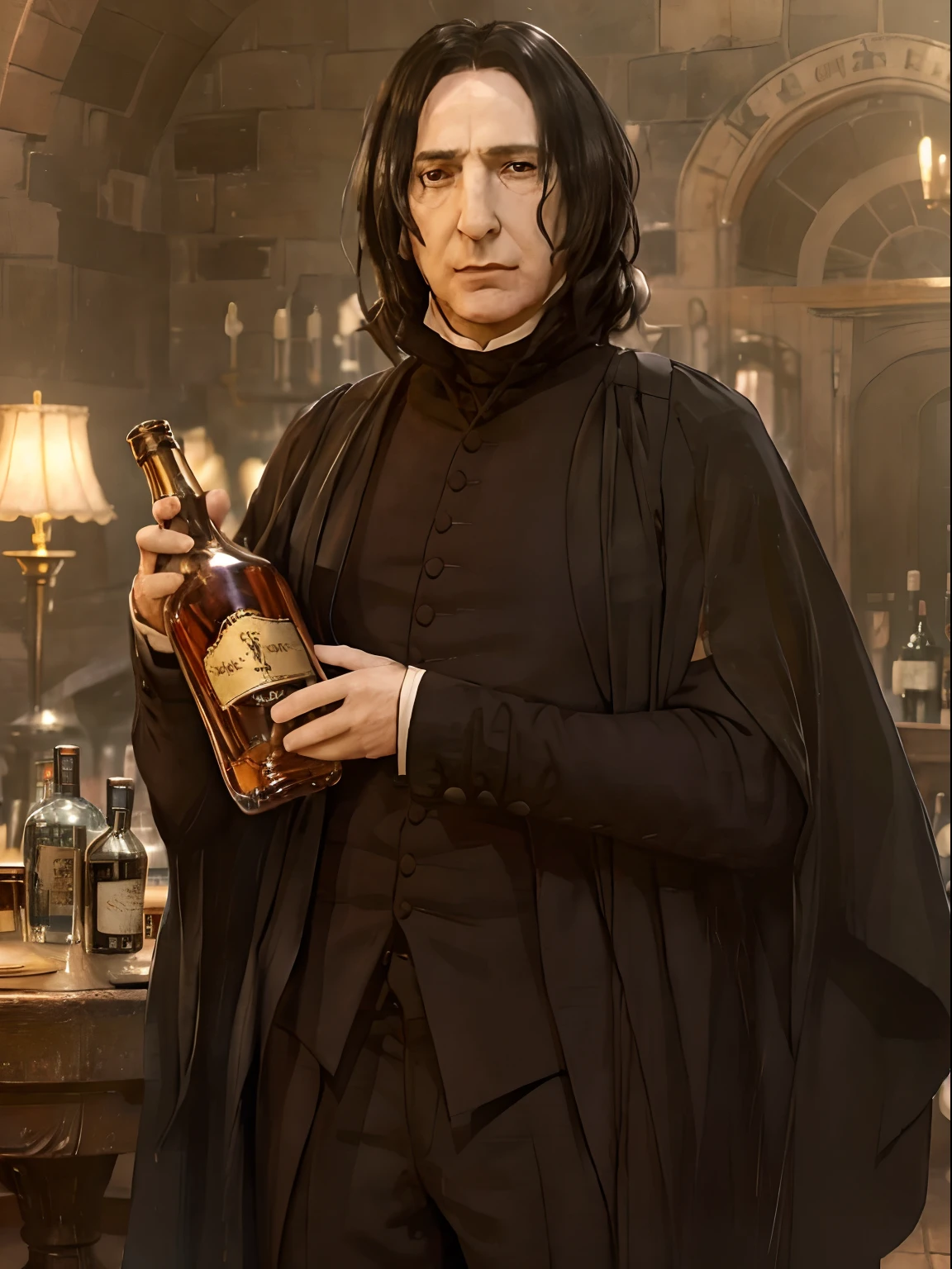 Happy Severus Snape with a bottle of cognac