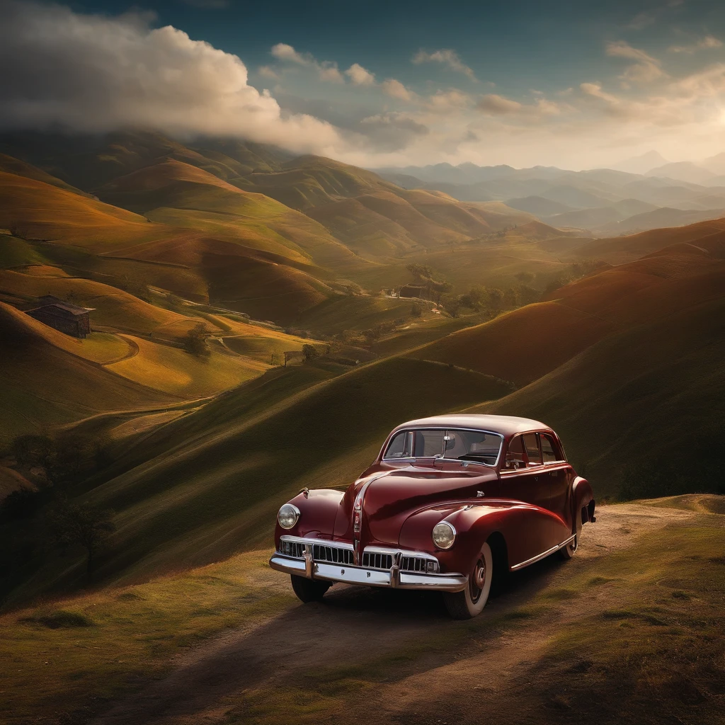 There's a car on a hill,(car :1.5) and an old couple is standing on top of it looking into the distance,masterpiece,best quality,,tangguo,outdoor,mountain