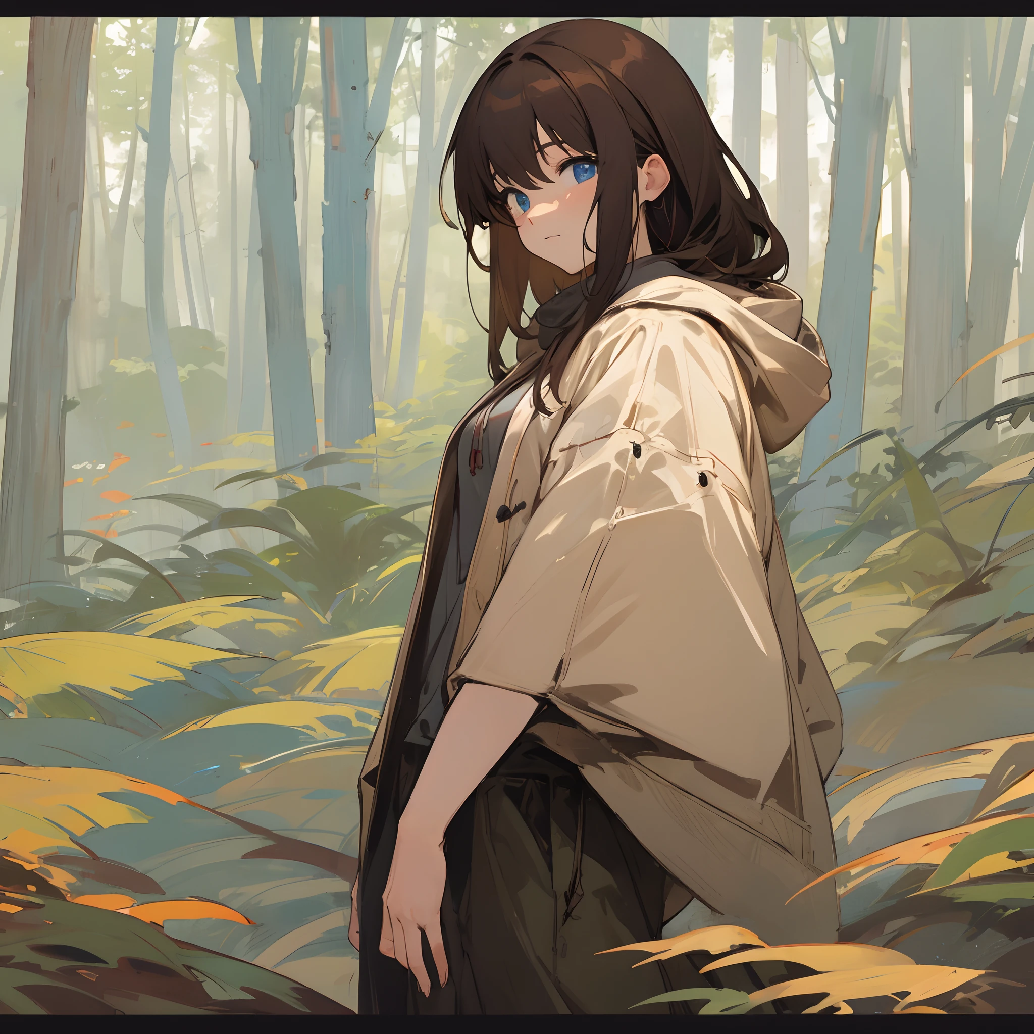 1female , wooded background , forest background , brown hair , blue eyes , casual clothes, hood, pants, Haori , adult