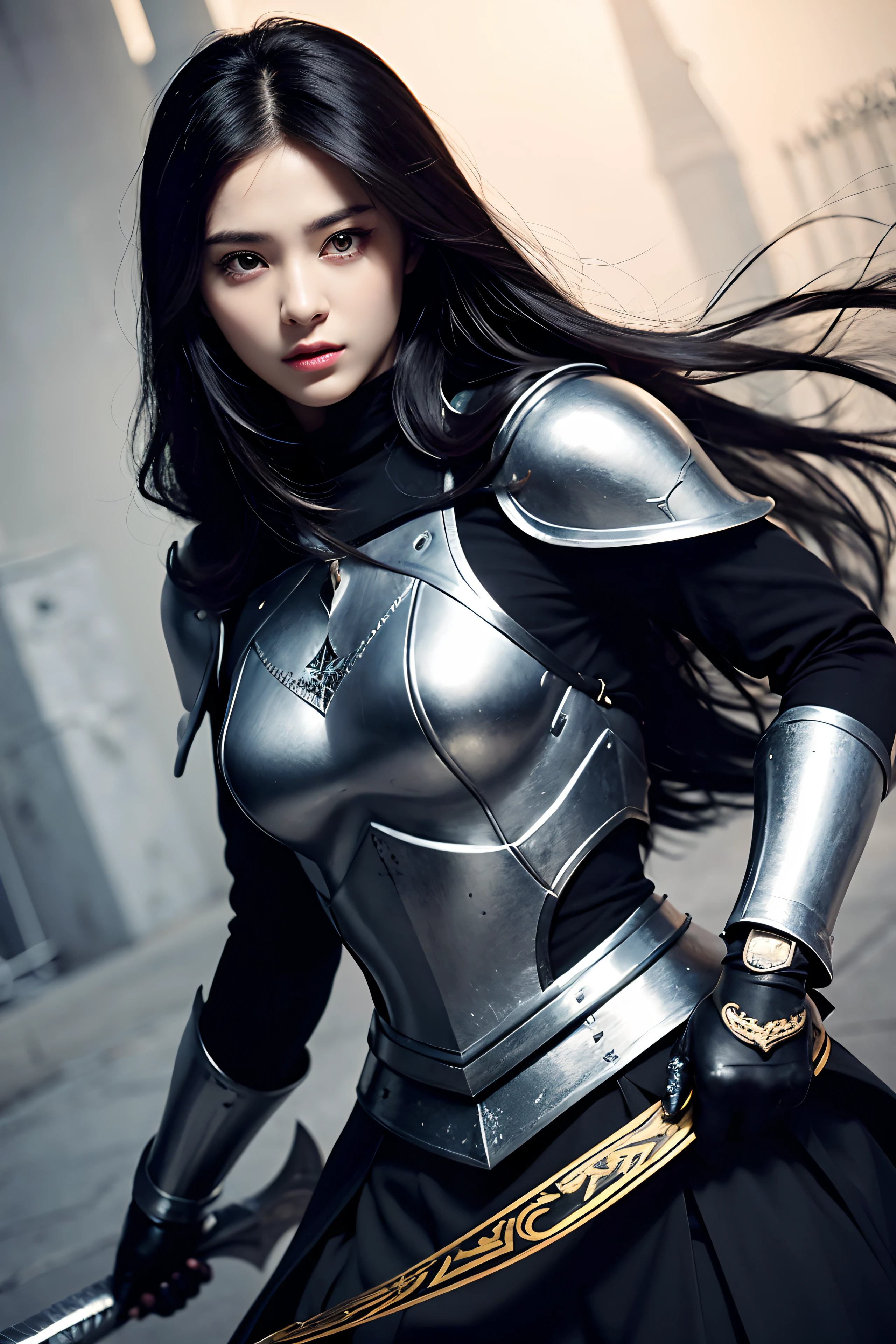 A woman with yellow irises with slit  pupils, dressed in a jet black futuristic vintage armour, wielding a black spear.