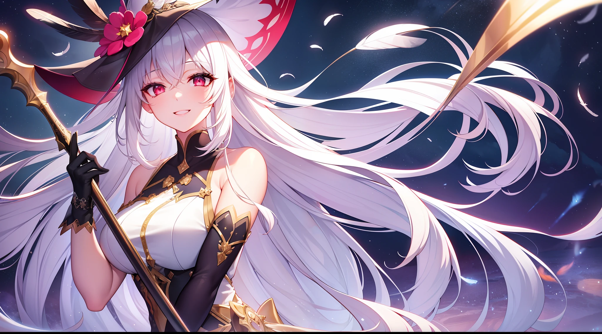 absurdres, superfine illustration,rainboweffect, highres, ultra detailed,light diffusion,highly detailed light reflection, kaleidoscope, harmonious, best shadow, highly detailed very beautiful big smile face, ;D, beautiful growing crystal diamond star pupil,look at viewer, beautiful detailed hair, solo, dynamic pose, beautiful detailed pink and black ribon, beautiful detailed, Fantastic and the whole shines and shooting star and the wind is strong in detail background,Blood red eyes,White blouse,Long white hair,Looking at the audience,Particles of light,Smile with closed mouth,Stars,Beach hat,Sleeveless,Bare shoulders,With bangs,From the side,(She wears a black hooded trench coat,There are fine feathers on it),Tilted head, nipple tassels, flower knots, gloves, beautiful detailed eyes, detailed background, black socks, rural home background, carrying a vampire scythe sword, fingers wearing gloves, night background, with eyes closed.