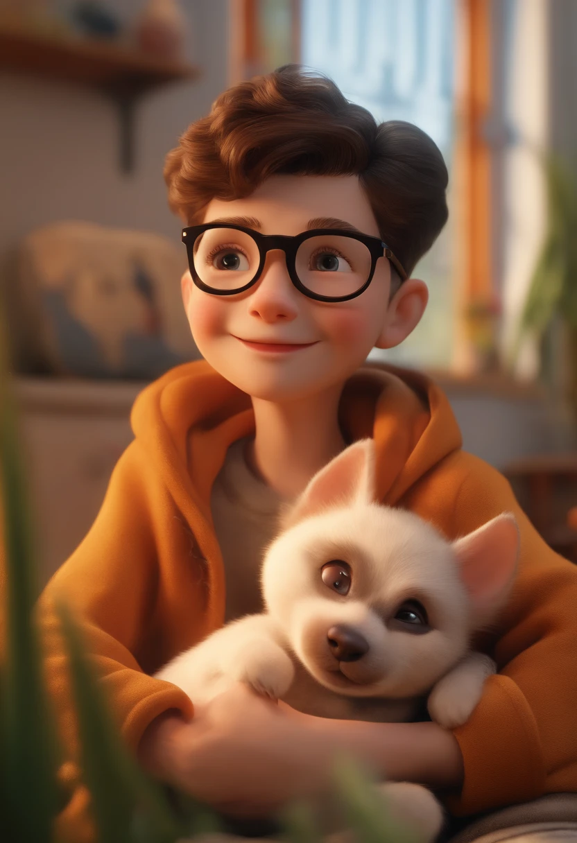 (best quality,4k,8k,highres,masterpiece:1.2),ultra-detailed,(realistic,photorealistic,photo-realistic:1.37),cute bald boy,black frame glasses,Pixar-style character,in love with animals,cuddling dogs and cats,happy and joyful expression,playful atmosphere,soft and warm lighting,expressive eyes and smile,vibrant colors,fun and lively composition,pets snuggled in his lap,wonderful pet fur textures,happiness like in a cartoon,detail-oriented rendering,captivating storyline,bright and cheerful environment,carefully crafted emotions,dynamic and whimsical pose,vivid and joyful energy