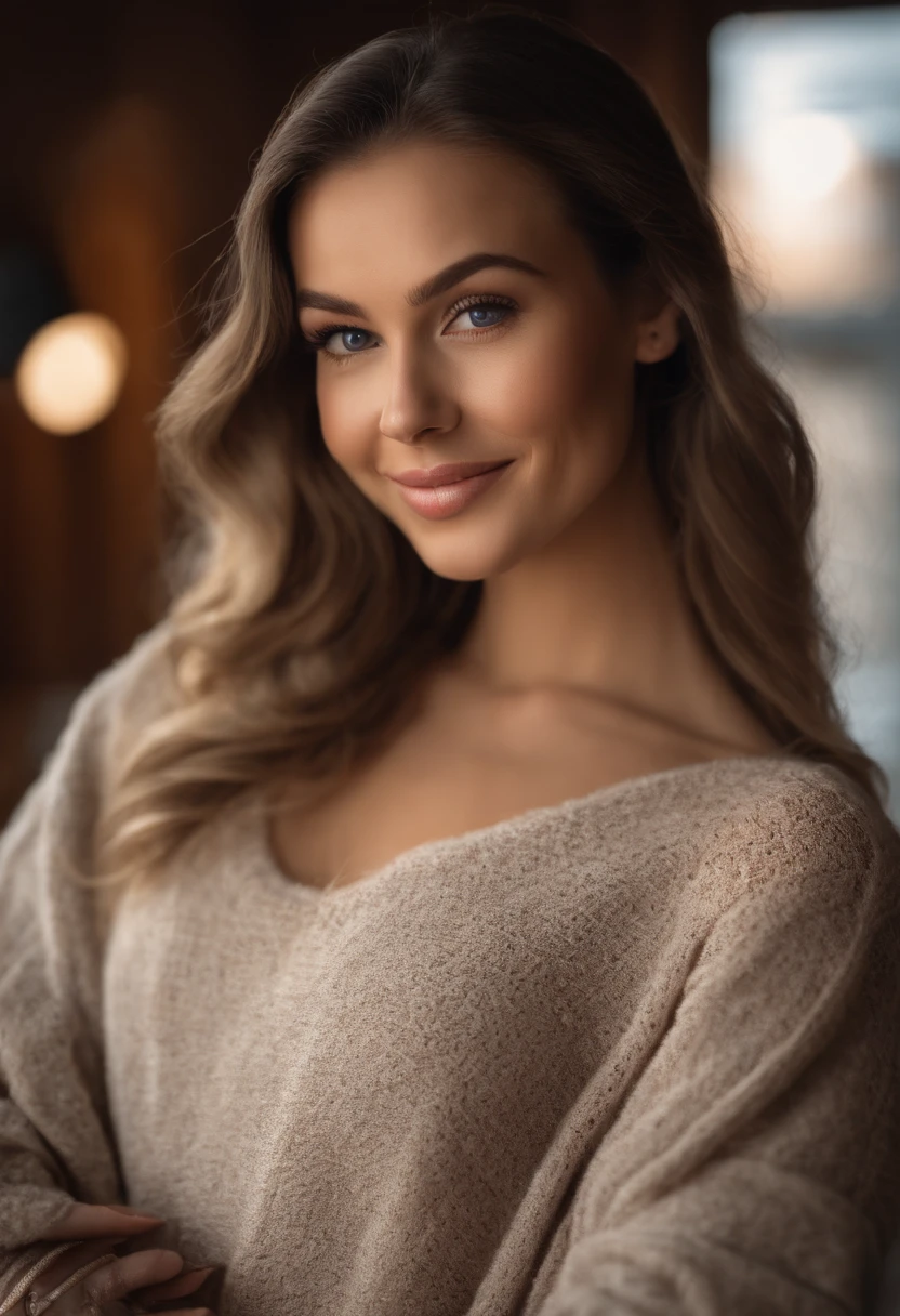 Beautiful brunette wearing love sweater(macht selfie beim mittagessen im cafe), sehr detailliert, 21 Jahre alt, Unschuldiges Gesicht, Natural wavy hair, blaue Augen, high resolution, Meisterwerk, best quality, Komplizierte Details, Highly detailed, Scharfer Fokus, Detaillierter Skin, Realistische Hautstruktur, Textur, Detaillierte Augen, Professionell, 4K, charming smile, aufgenommen mit Canon, 85mm, light depth of field, Kodak Vision Farbe, Perfectly fitting body, Extrem detailliert, Foto_\(Ultra\), Fotorealistisch, realistisch, Nachbearbeitung, Maximale Detailgenauigkeit, Rauhigkeit, wirkliches Leben, Ultra realistisch, Fotorealismus, Fotografie, 8K UHD, Fotografie