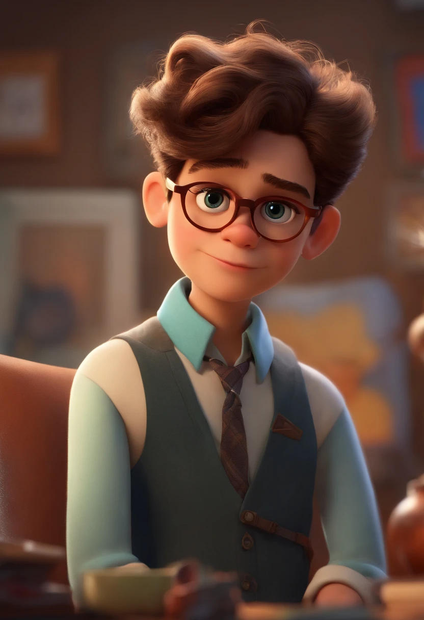 estilo desenho animado, Pixar, cabelo muito curto, Glasses making design on computer