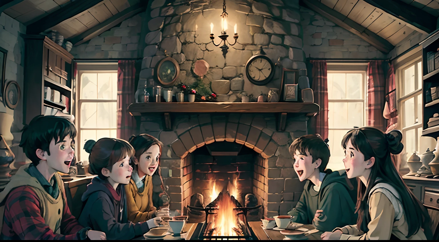 A group of cheerful friends(6-8 teenagers of different genders) in a cosy living room with a fireplace, 
Hogwarts, Festive Tea Party, A lot of small details of the environment, higly detailed,