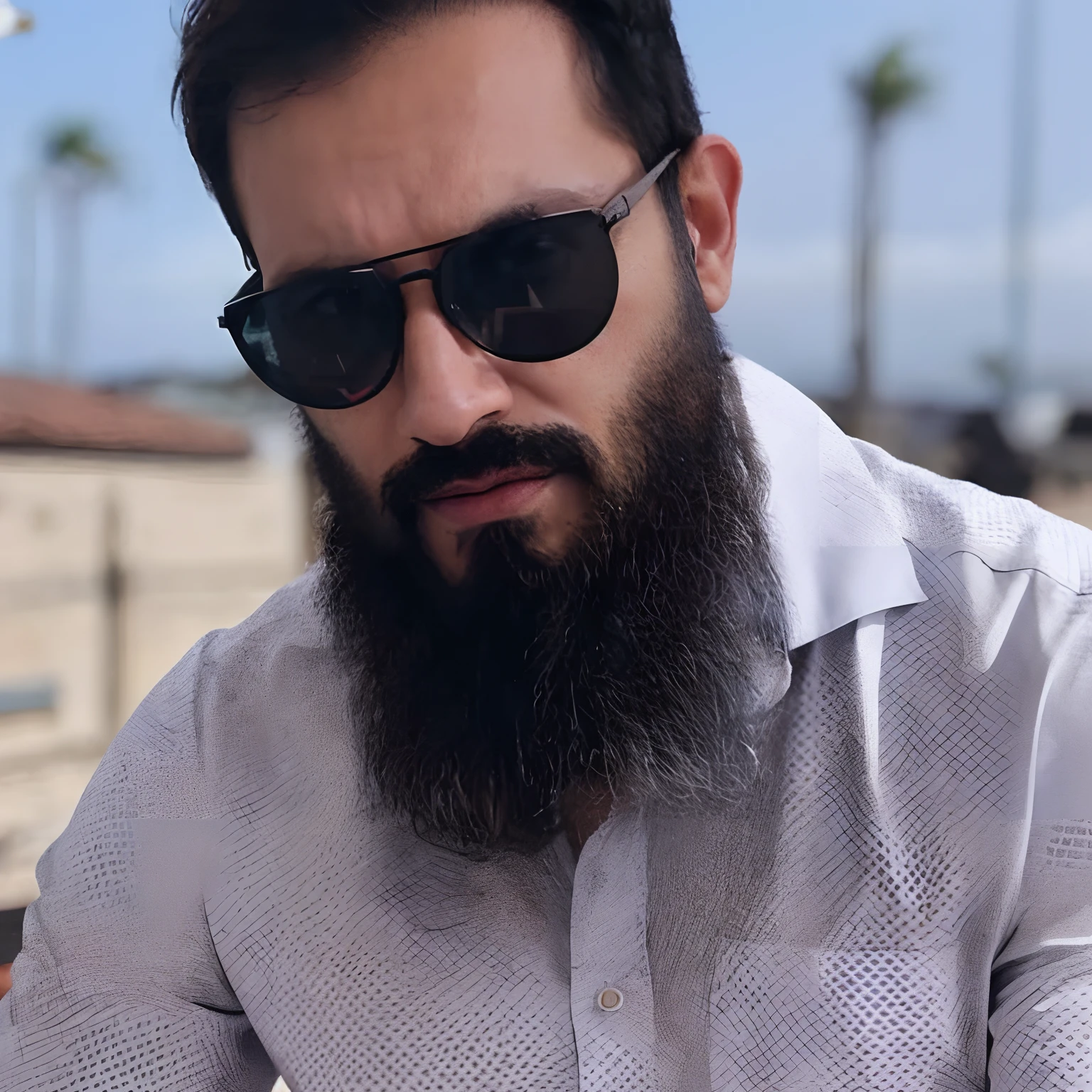 Homem com barba e oculos e camisa