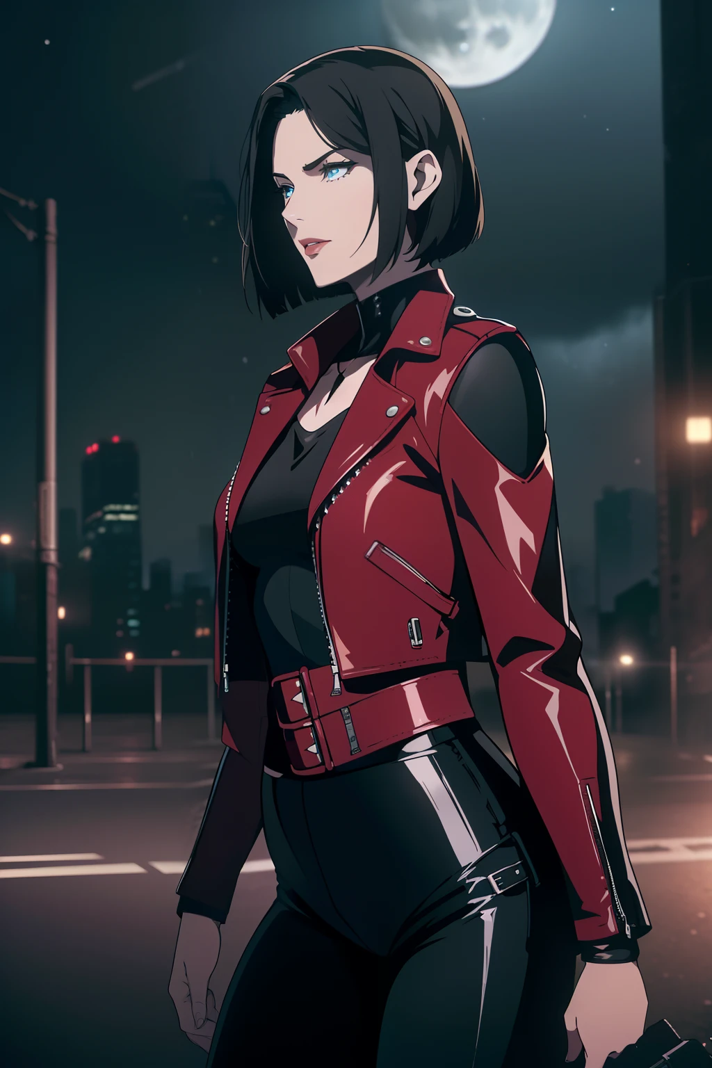 (Masterpiece, Best Quality), (A Gorgeous 25 Years Old British Female Vampire Mercenary), (Wavy Bobcut Black Hair:1.4), (Pale Skin:1.2), (Blue Eyes), (Serious Looking), (Wearing Red Leather Jacket, Black V-Neck Inner Shirt, and Black Tight Pants:1.6), (Busty Chest Size:1.4), (Dynamic Pose:1.4), (City Road at Night with Moonlight:1.6), Centered, (Waist-up Shot:1.4), From Front Shot, Insane Details, Intricate Face Detail, Intricate Hand Details, Cinematic Shot and Lighting, Realistic and Vibrant Colors, Masterpiece, Sharp Focus, Ultra Detailed, Taken with DSLR camera, Depth of Field, Incredibly Realistic Environment and Scene, Master Composition and Cinematography, castlevania style
