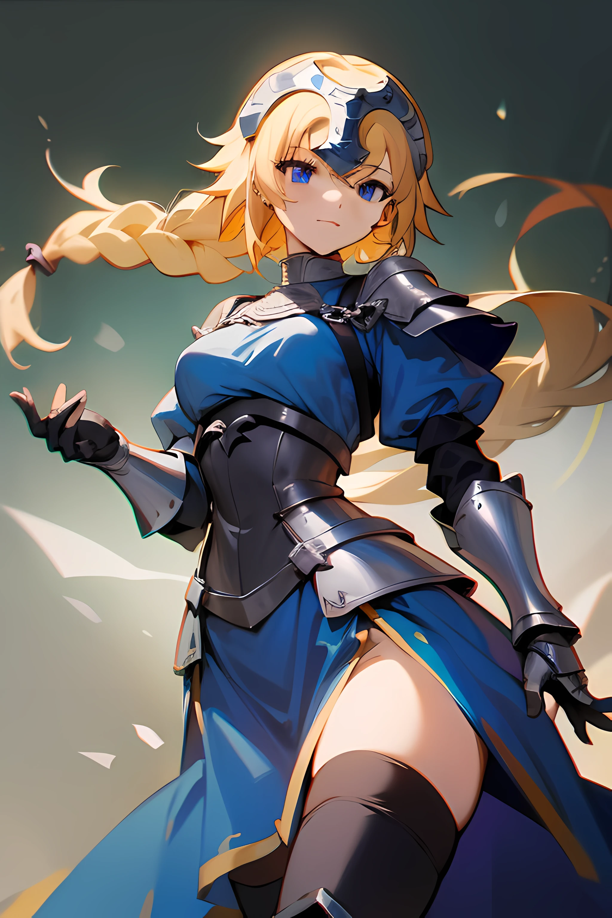 1girl, solo, (masterpiece), best quality, expressive eyes, perfect face, (character concept art)), ((character design sheet, same character, front, side, back)),  video game character design, jeannedarc, jeanne darc, blonde hair, blue eyes, long hair, armor, armored boots, armored dress, black gloves, black thighhighs, braid, dress, gauntlets, gloves, headpiece, blue dress, single braid, thighhighs, slight smile