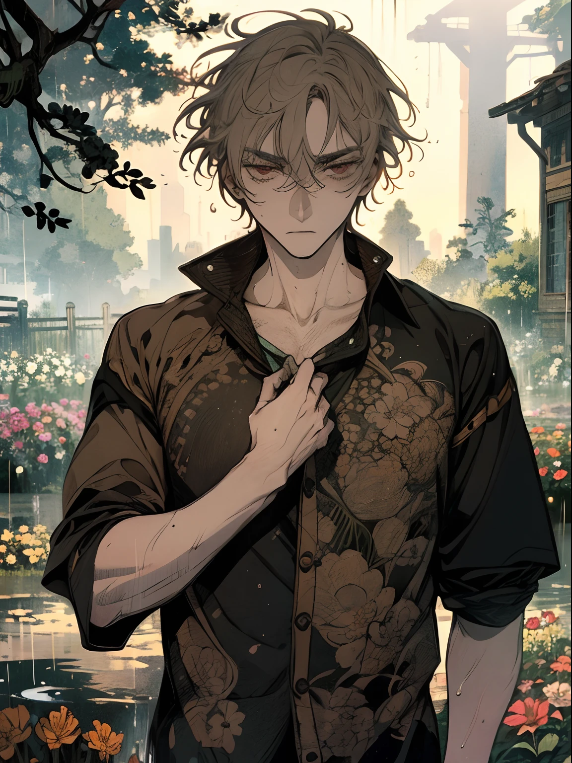 masterpiece, 1 man, expresionless, wet hair, wet clothes, flowers garden, heavy rains