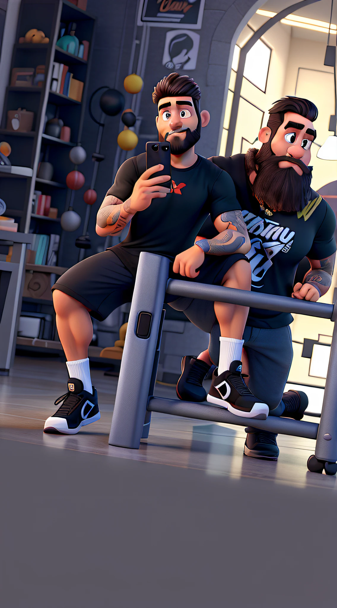 Um homem com barba, Black t-shirt and right arm tattoo, selfie com celular ,Background of a bodybuilding gym, estilo disney pixar, alta qualidade, melhor qualidade