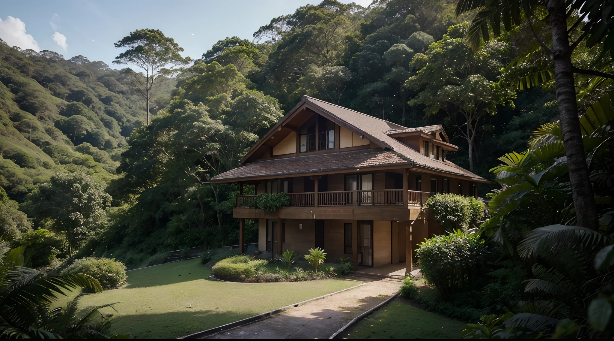 Create an illustration of the highest quality, Realistic, Photographic quality, em tons frios, A large three-story modern inn, bastante extensa na largura, na beira do penhasco, no meio de uma montanha, On a very steep and dangerous part, Located in the heart of a lush forest. with thick and dense trees, The quality of the image should highlight all the details of the architecture of the house and the richness of the vegetation in the dense forest. creating a realistic and immersive depiction of this unique scene.