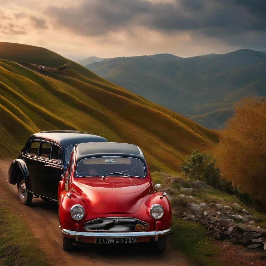 Il y a une voiture sur une colline,(voiture :1.5) Et un vieux couple se tient debout au-dessus et regarde au loin,Masterpiece,Best quality,,Tangguo,outdoor,montagne
