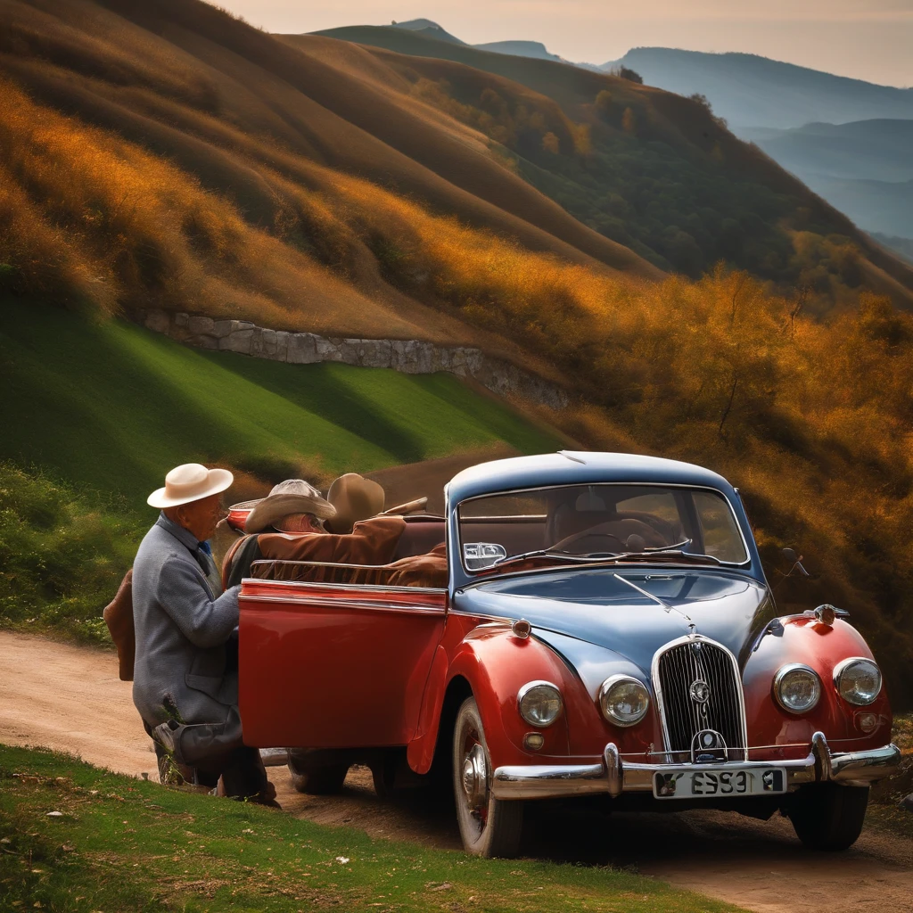 Il y a une voiture sur une colline,(voiture :1.5) Et un vieux couple se tient debout au-dessus et regarde au loin,Masterpiece,Best quality,,Tangguo,outdoor,montagne