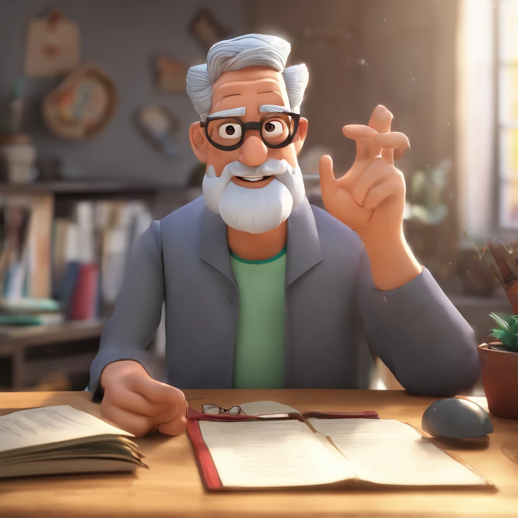 Crie um cartaz inspirado na Disney Pixar com o personagem sendo um homem negro, 50 anos de cabelos baixos, gray-haired men wearing glasses, in an office with a Bible on the table