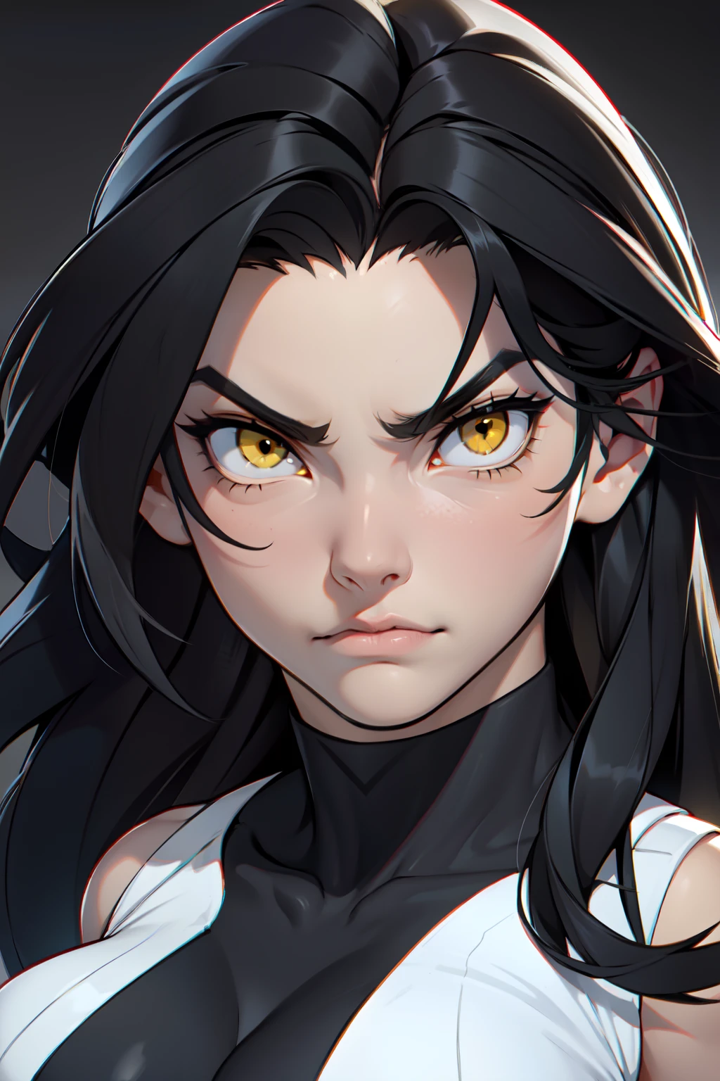 (((muscular girl))) huge breasts grey background black hair very long hair yellow eyes pale skin angry close up
