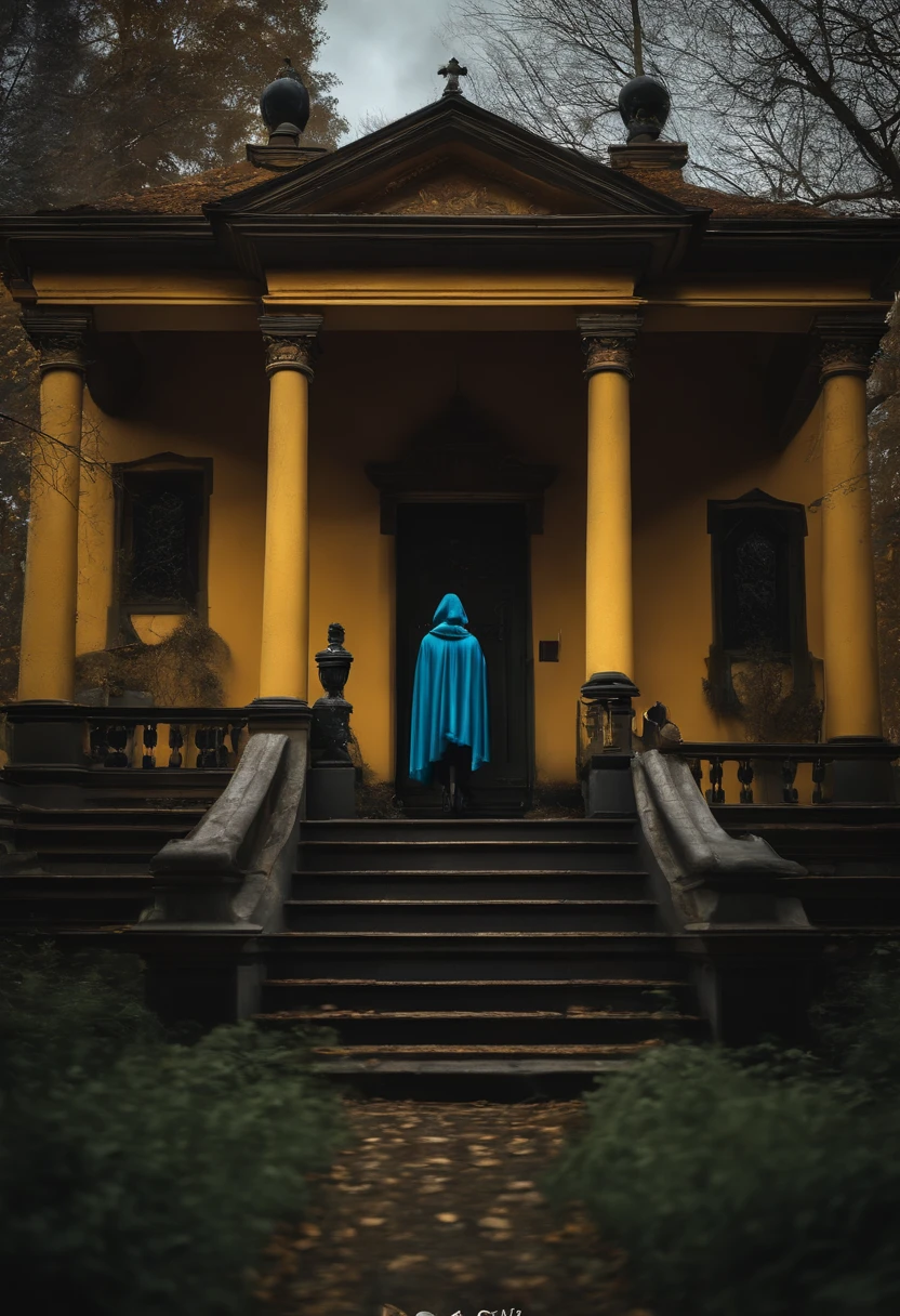 A girl with yellow cape and blue hair in front of arafed with a scary roof and a scary cemetery, spooky mansion, gothic mansion, haunted gothic hotel, arte de fundo, inspirado em Andreas Rocha, casa assombrada ultra detalhada, casa assombrada, sinistro altamente detalhado, Haunted House Themed, victorian manor, casa vitoriana, stefan koidl inspirado, por Tomasz Jedruszek