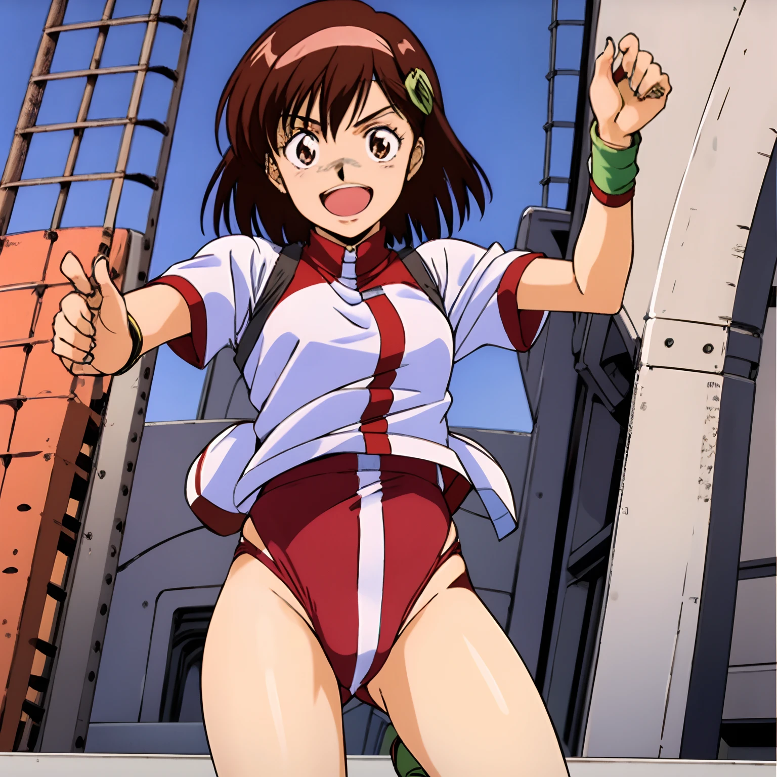 masutepiece,Best Quality,Solo,
Looking at Viewer,Smile,Open mouth,
Noriko Takaya,1girl in,
Medium Hair,Brown hair,Brown eyes,
head band,
Short sleeves,Leotards under clothes,
wristbands,