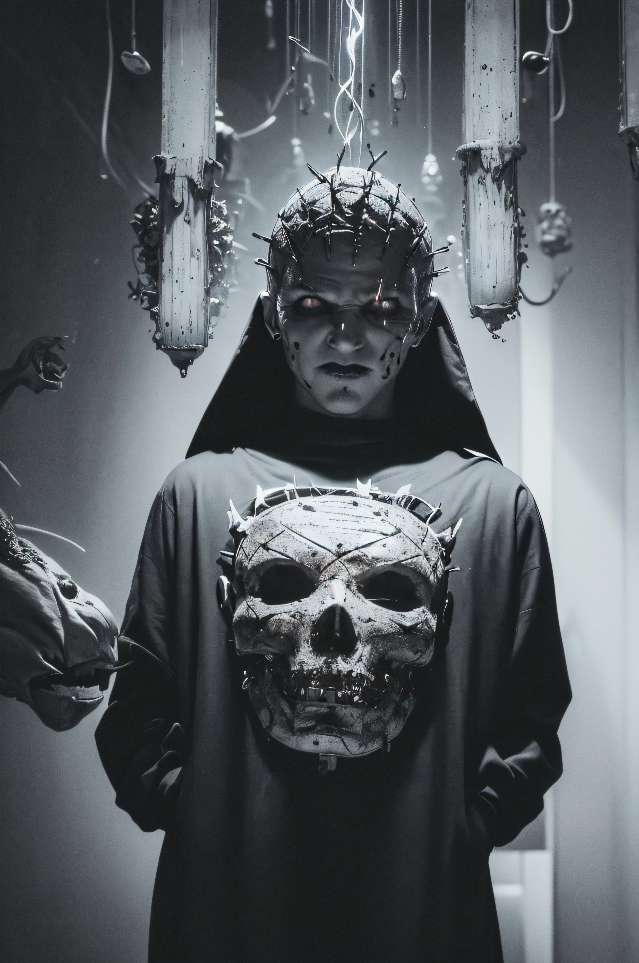 "(The best lighting, oscuro, dramatic),(feto calavera alien, Hellraiser, Cicatrices, , sexy, cerebro, sangre, una rata dentro de la cabeza, terror.),(ojos rojos, calaveras). morning light.