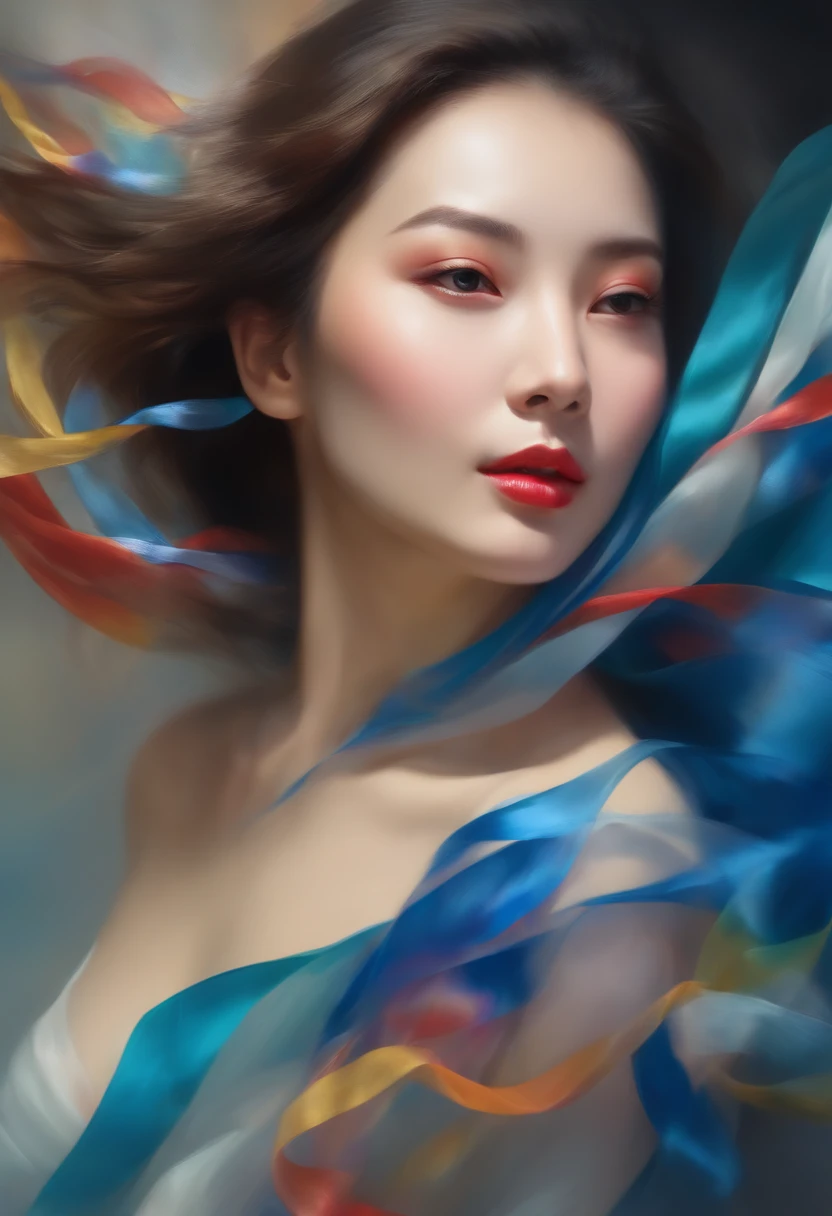 Chinese woman, face close-up, soaring female figure made of ribbons, smoke, in the sky, colorful and bright, mystical colors, modern impressionism, portraiture Yanjun Cheng, iridescent painting, 3/4 perspective view, cute face, low angle, wide swirling composition, big beautiful crystal eyes, large iris, UHD, HDR, 8K, (Masterpiece: 1. 5), (World's most beautiful portrait: 1.5)