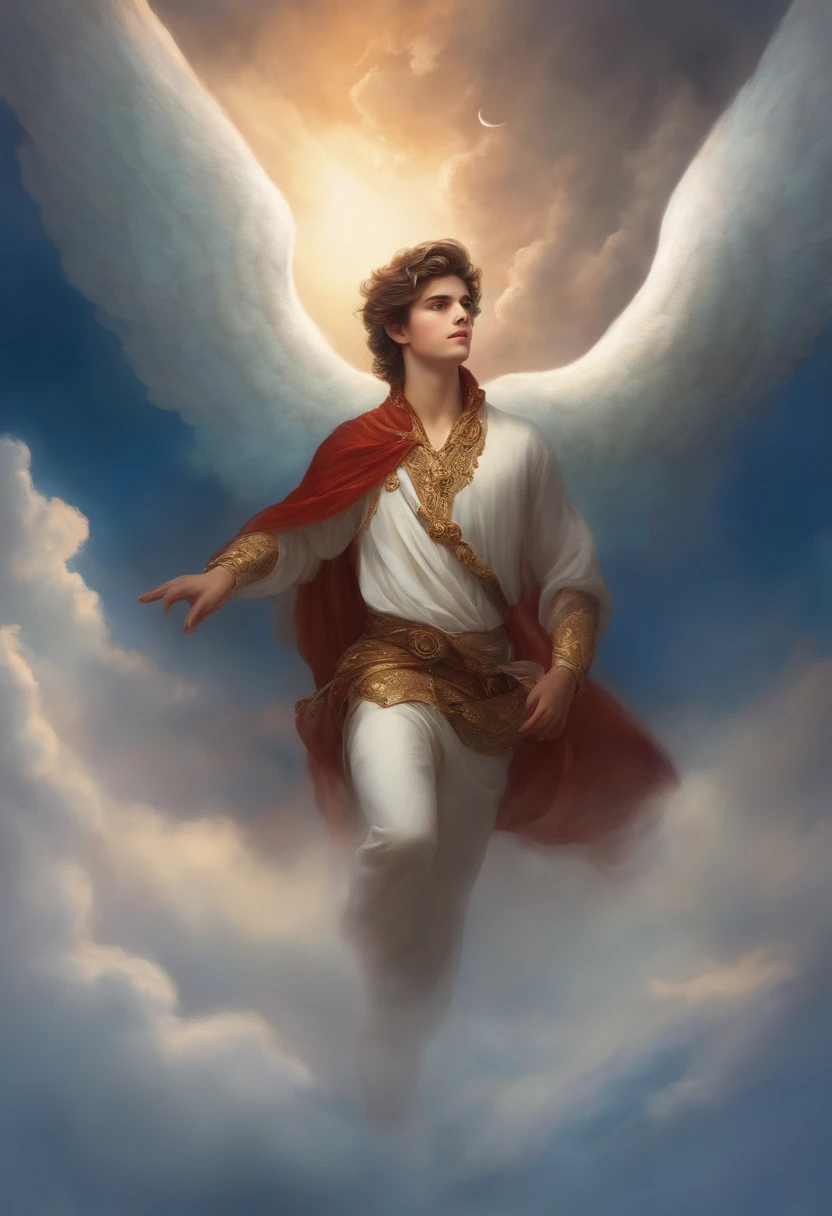 (best quality)), ((masterpiece)), (detailed), alluring boy, ethereal beauty, perched on a cloud, (fantasy illustration:1.3),