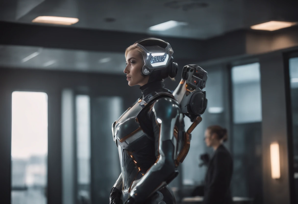Unbeatable masterpiece, Ultra foto realsisim, Perfect artwork, detalhes intrincados, melhor qualidade, luz forte, alto contraste, dynamic pose, Dutch angle, sozinha, seios medios, 1 cinta , (traje espacial:1.1), Staravia, roupa preta com detalhes marcantes laranja neon futurista, cabelos flutuantes, science fiction, In a futurite office, Sci-fi ornaments,