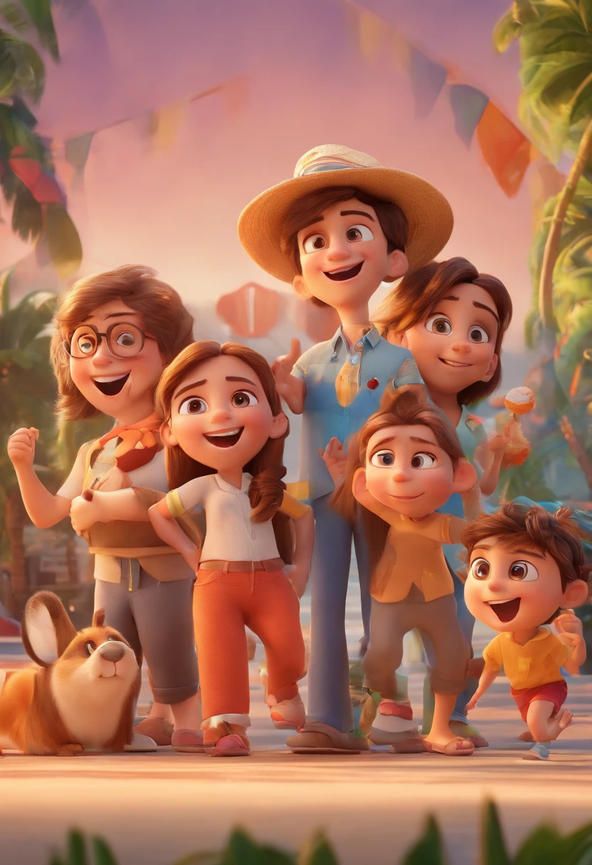 Cartoon of friends having fun on vacation together,  3D Animation Movie Poster, Poster de filme animado, pixar 3 d animation style, pixar renderman rendering, maia 8 mil, animated film, Disney Pixar Estilo 3D, amigos felizes saem juntos, all wearing light blue shirts and cream brown long pants, camisa azul clara, cream brown pants, ao ar livre, vacation, Disney Pixar Animation Poster