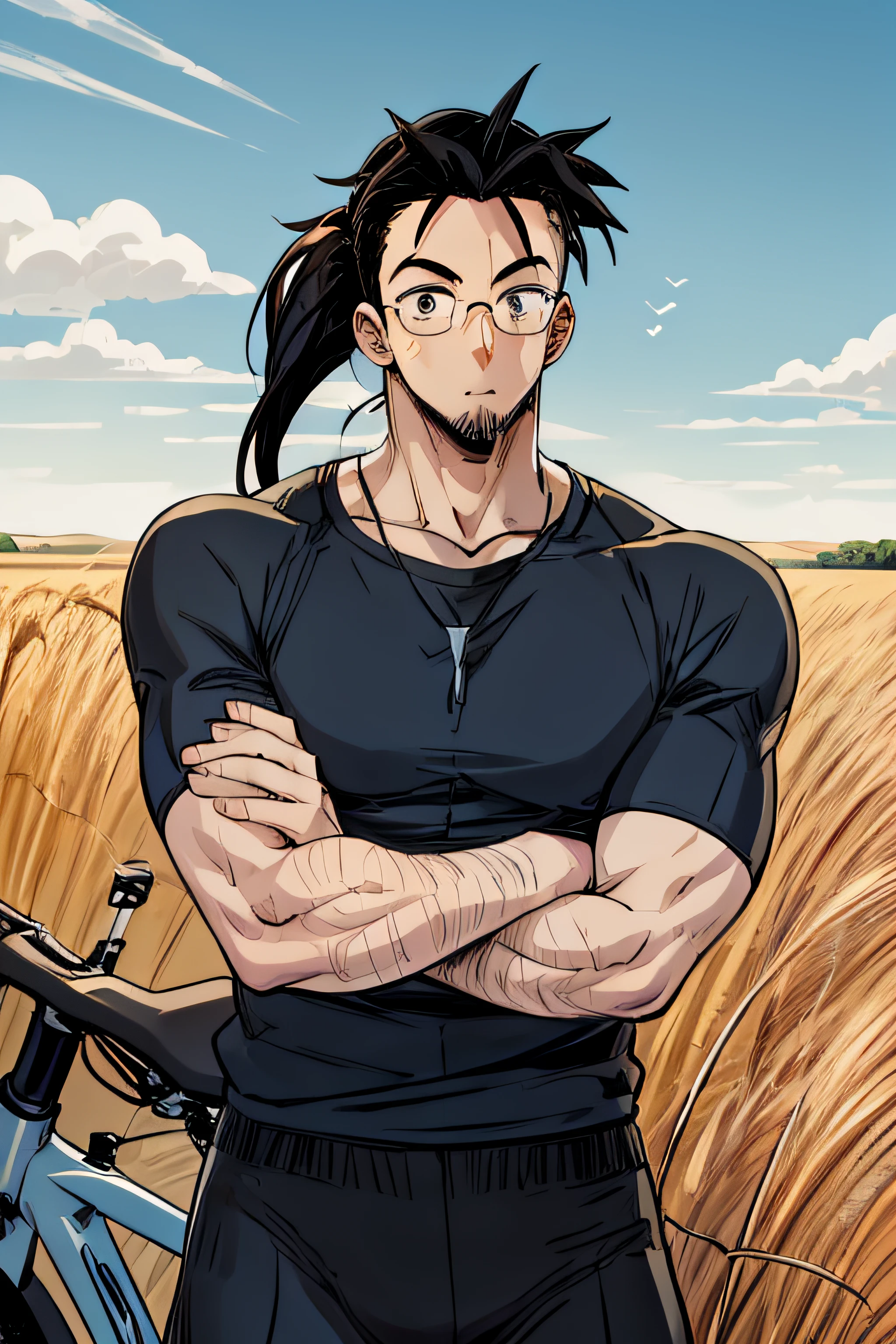 Anime style,BIKE,Guy,A young,goatee,eyeglasses,pony tail,In the distance there is a wheat field and a blue sky,ciberpunk,The great show of Sipieda in all its glory,A bottle of beer,