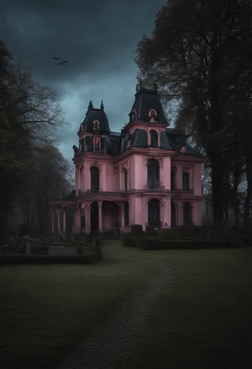 A girl with pink cape and blue hair in front of a spooky roof and a spooky cemetery, spooky mansion, gothic mansion, haunted gothic hotel, arte de fundo, inspirado em Andreas Rocha, casa assombrada ultra detalhada, casa assombrada, sinistro altamente detalhado, haunted house themed, victorian manor, Casa Vitoriana, Stefan Koidl inspirado, Directed by: Tomasz Jedruszek