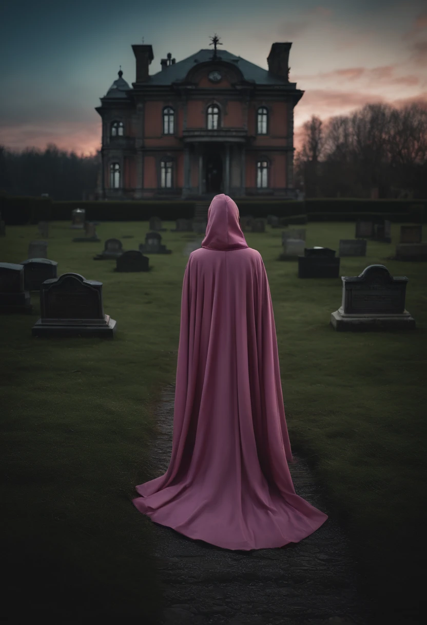 A girl with pink cape and blue hair in front of a spooky roof and a spooky cemetery, spooky mansion, gothic mansion, haunted gothic hotel, arte de fundo, inspirado em Andreas Rocha, casa assombrada ultra detalhada, casa assombrada, sinistro altamente detalhado, haunted house themed, victorian manor, Casa Vitoriana, Stefan Koidl inspirado, Directed by: Tomasz Jedruszek