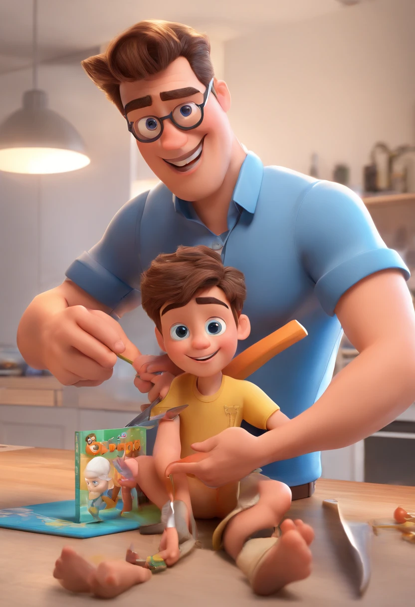Estilo Pixar: The grown man is holding a naked blue-eyed boy and in his other hand he is holding a pair of scissors and is trying to cut off the boy's testicles,3D Poster,Disney