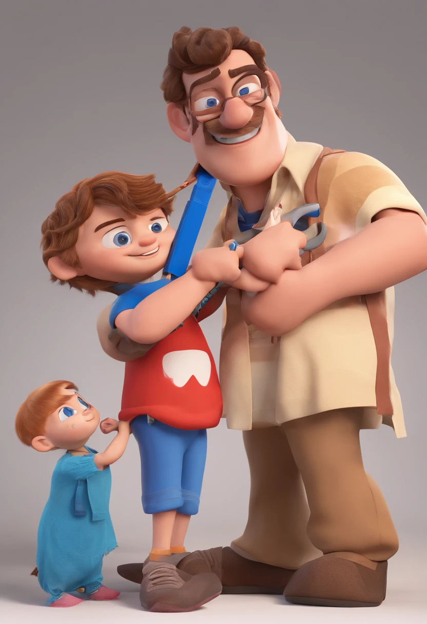 Estilo Pixar: The grown man is holding a naked blue-eyed boy and in his other hand he is holding a pair of scissors and is trying to cut off the boy's testicles,3D Poster,Disney