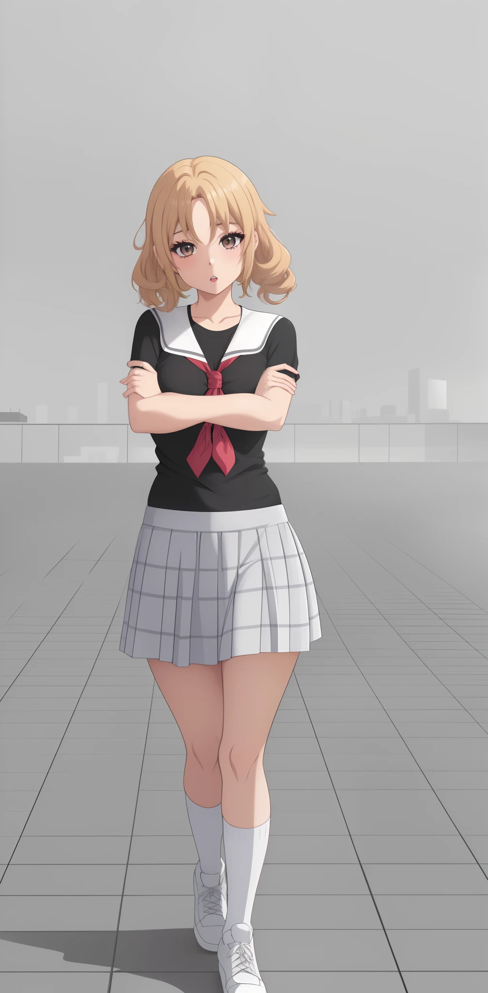 Una chica adulta, de cabello medio largo, black shirt and checkered miniskirt, anime, parada firmemente, cuerpo al frente, chica adulta, mirando al frente, de brazos cruzados, enojada